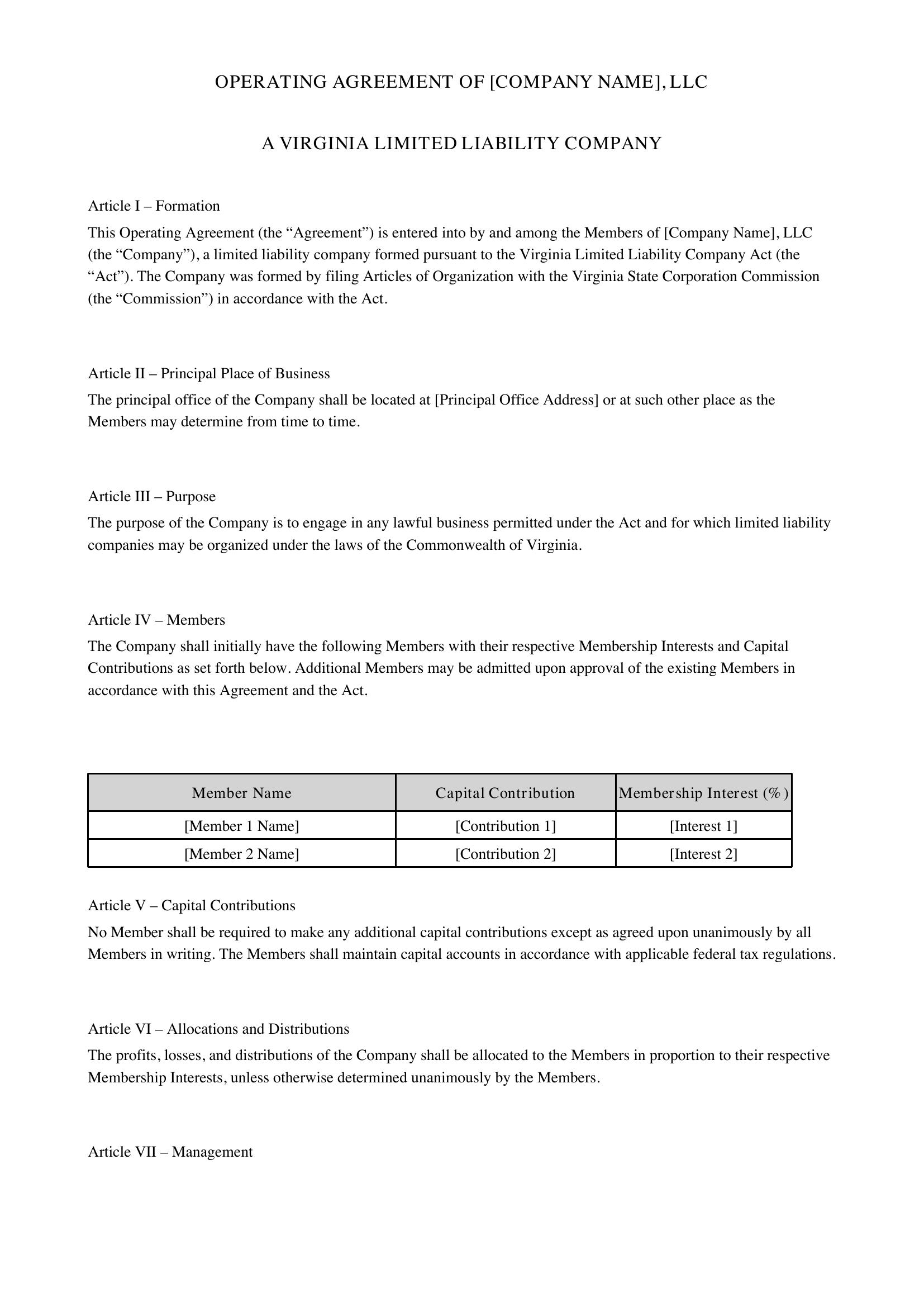 Operating Agreement Llc Virginia Template - US