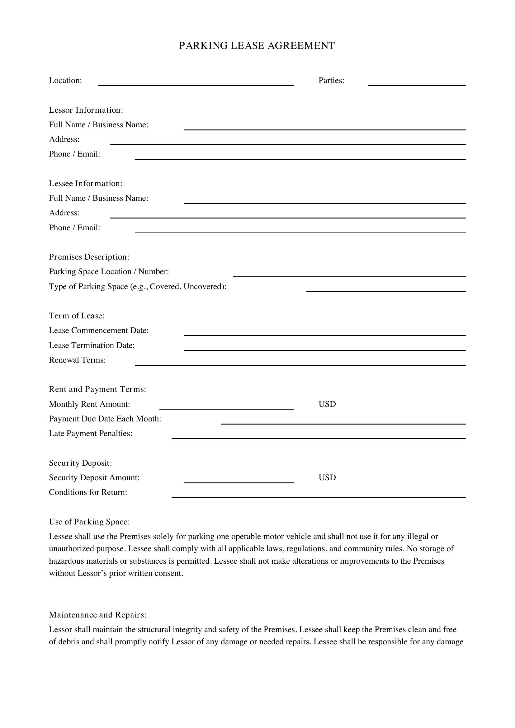 Parking Lease Agreement Template - US