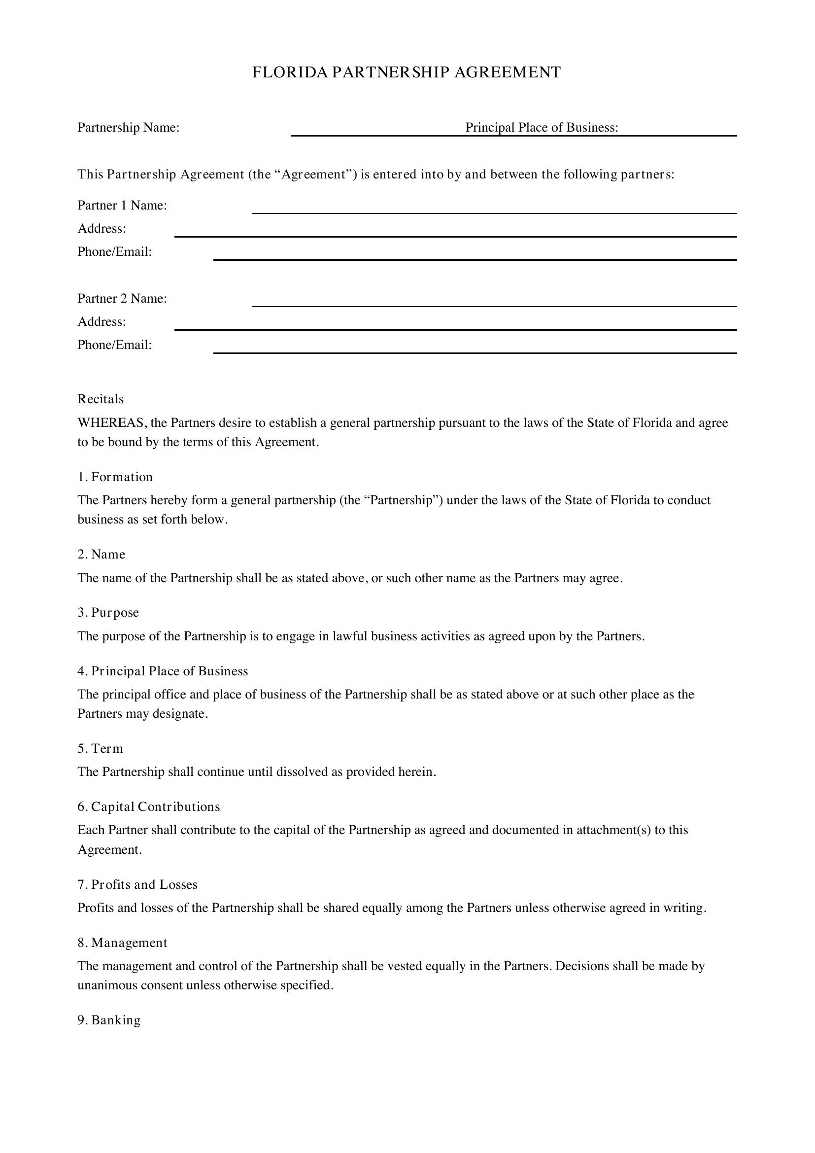Partnership Agreement Florida Template - US