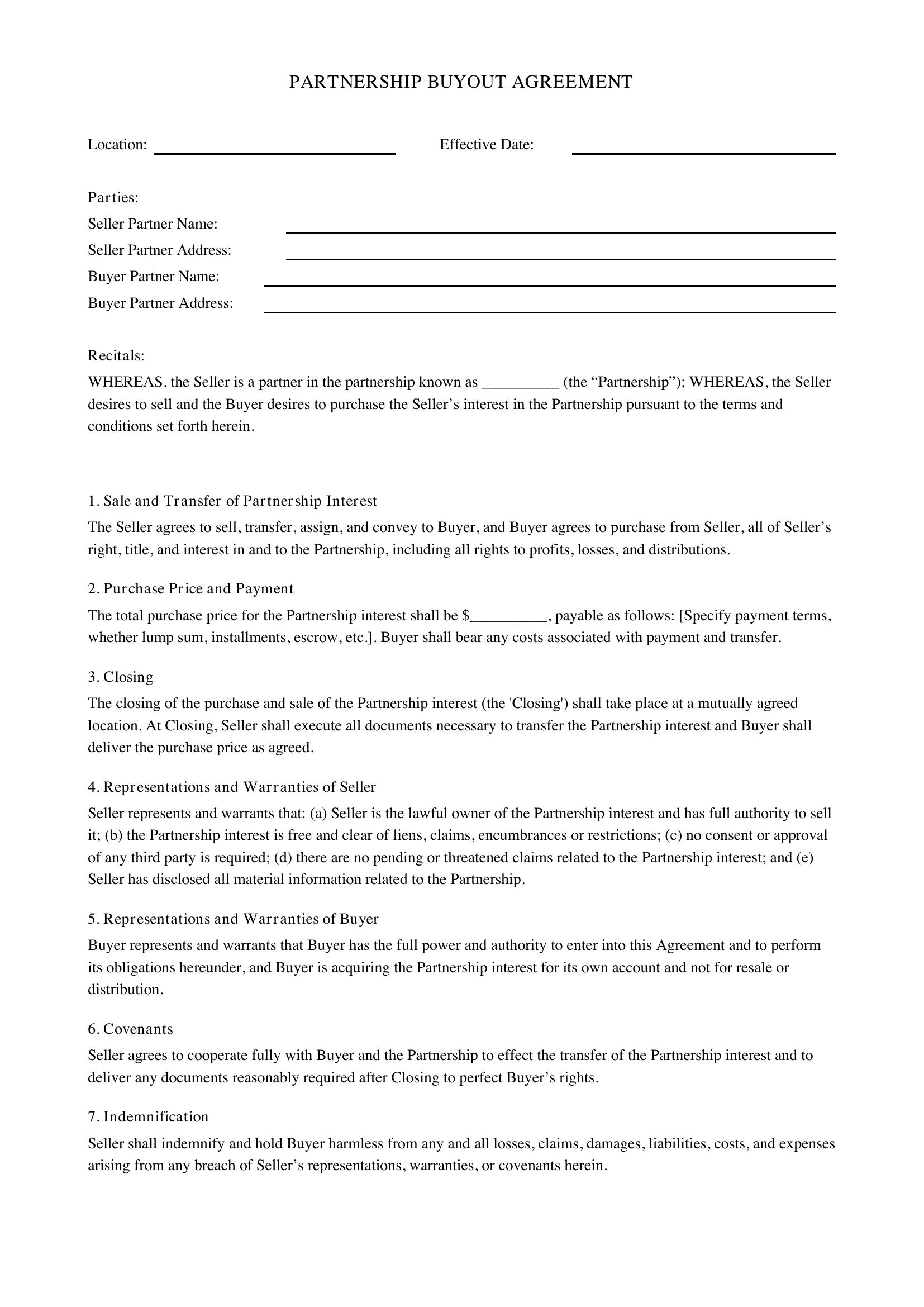 Partnership Buyout Agreement Template - US