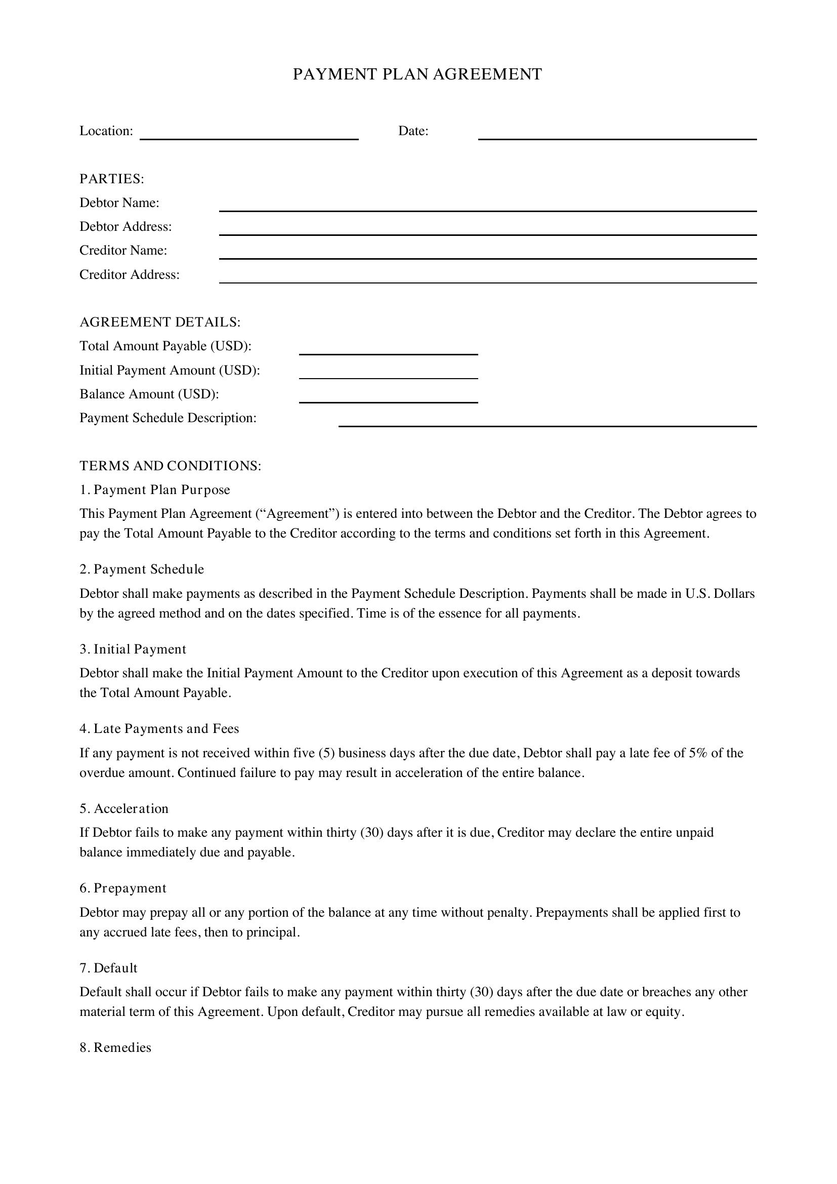 Payment Plan Agreement Template - US