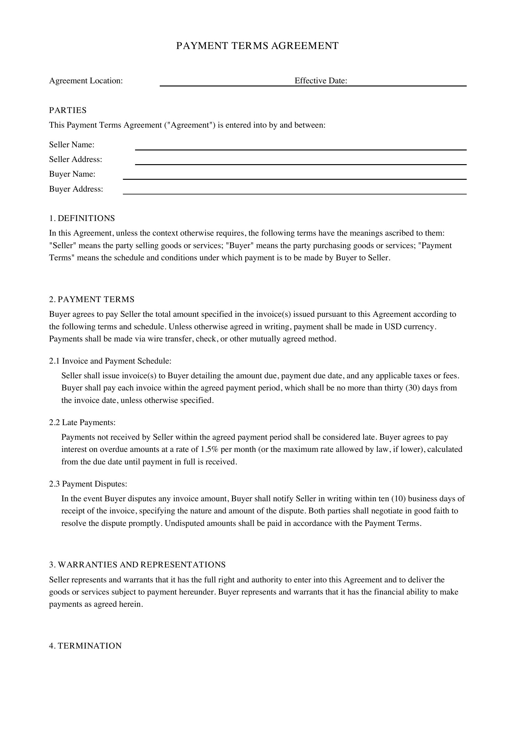 Payment Terms Agreement Template - US