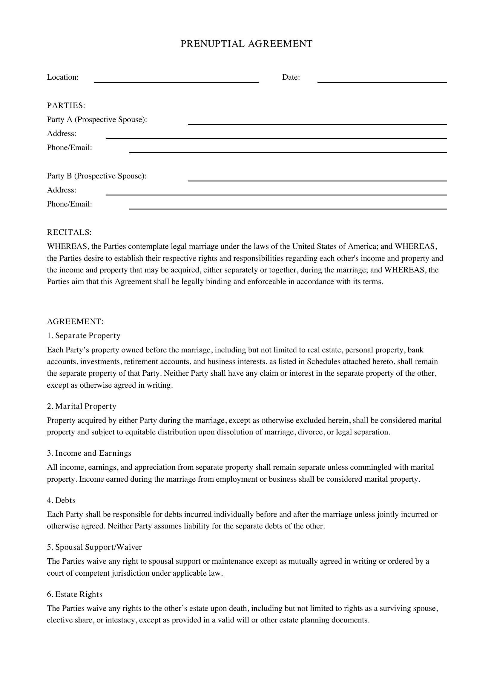 Prenuptial Agreement Template - US