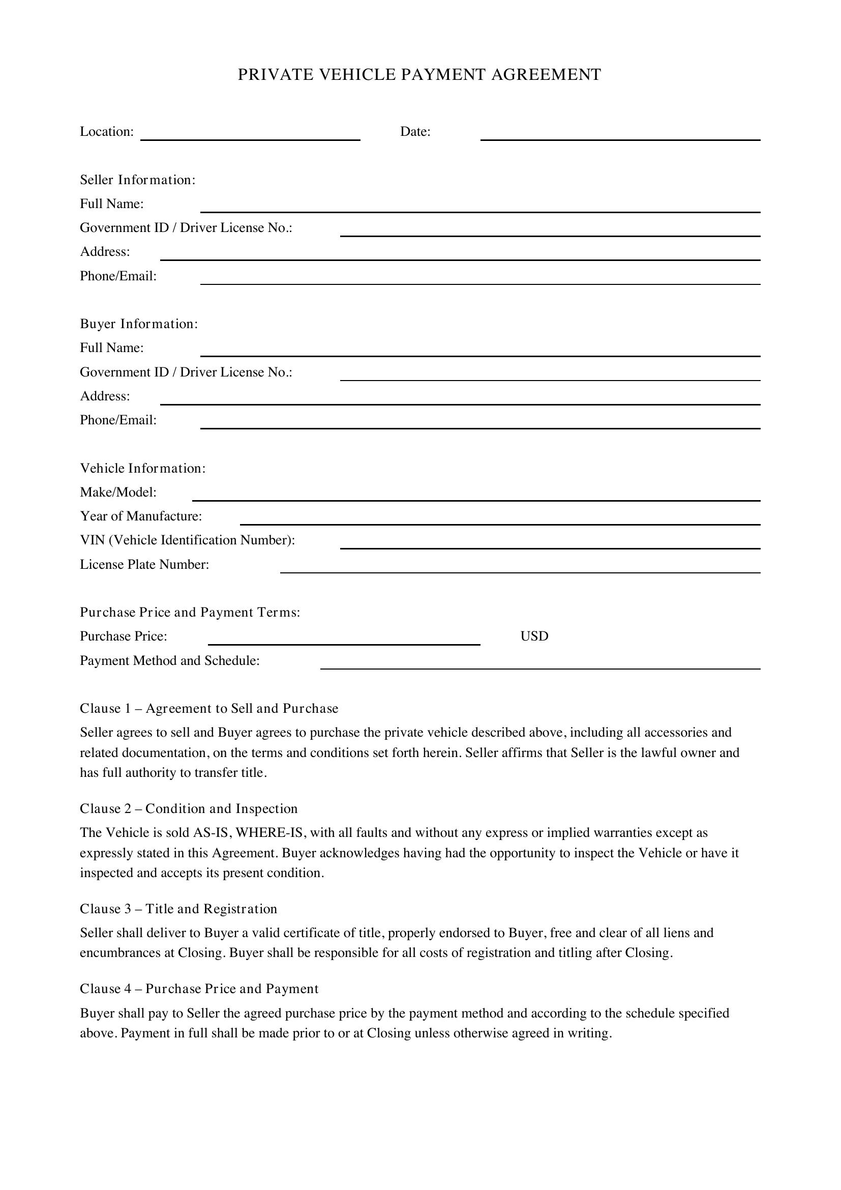 Private Vehicle Payment Agreement Template - US