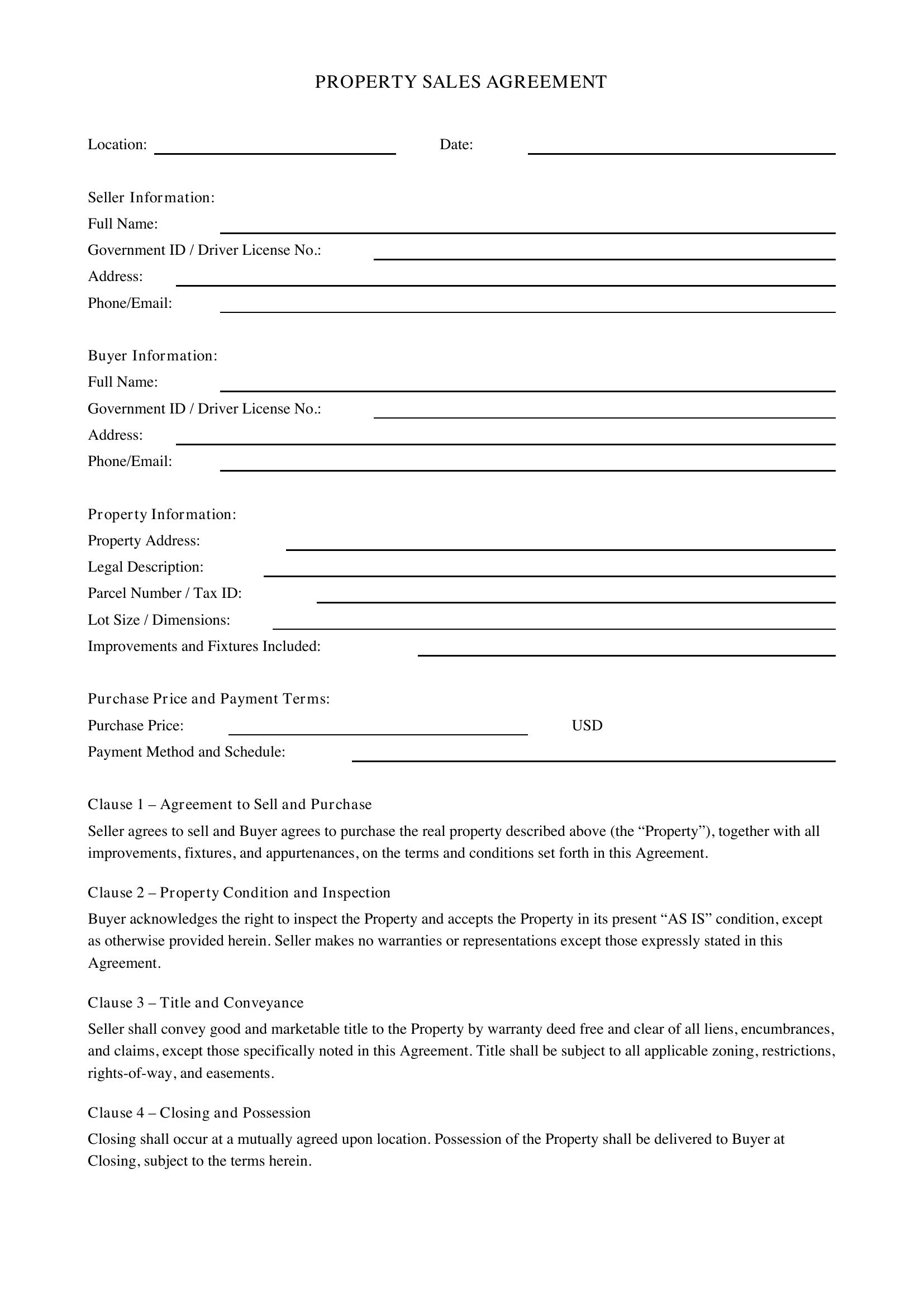 Property Sales Agreement Template - US