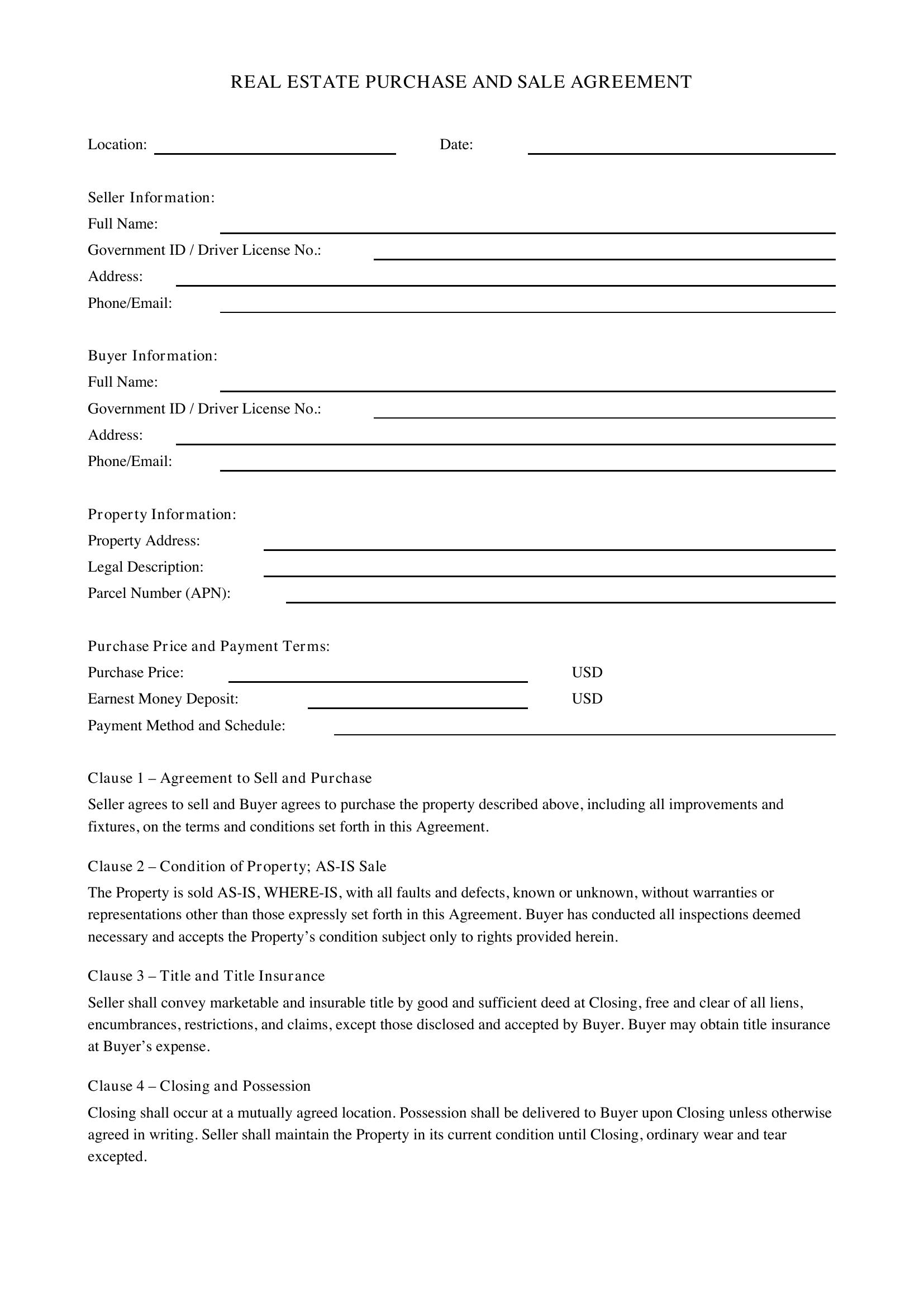 Real Estate Agreement Template - US