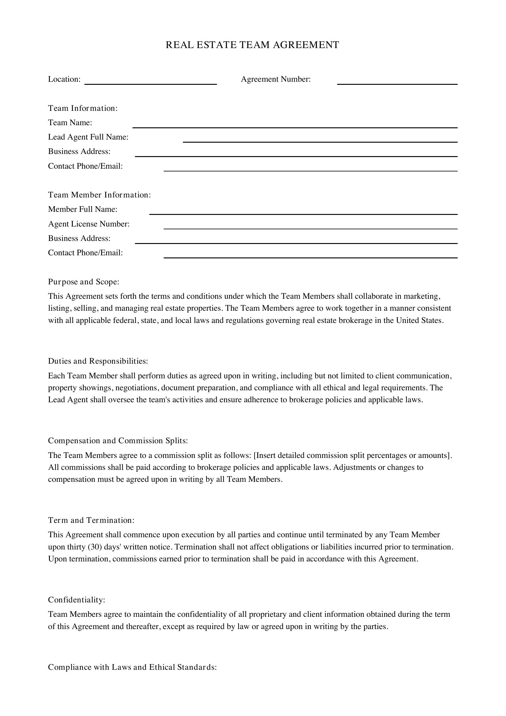 Real Estate Team Agreement Template - US