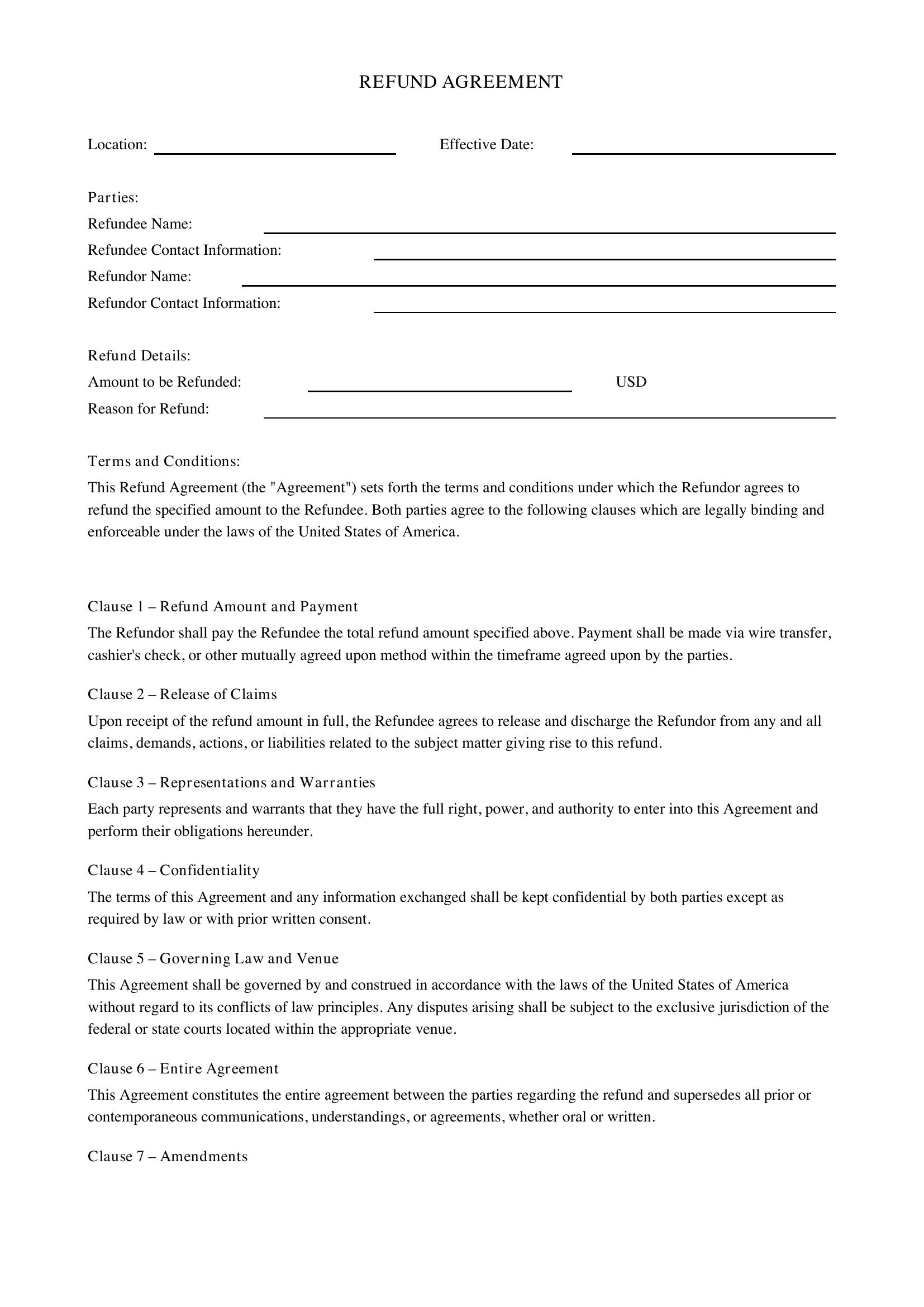 Refund Agreement Template - US
