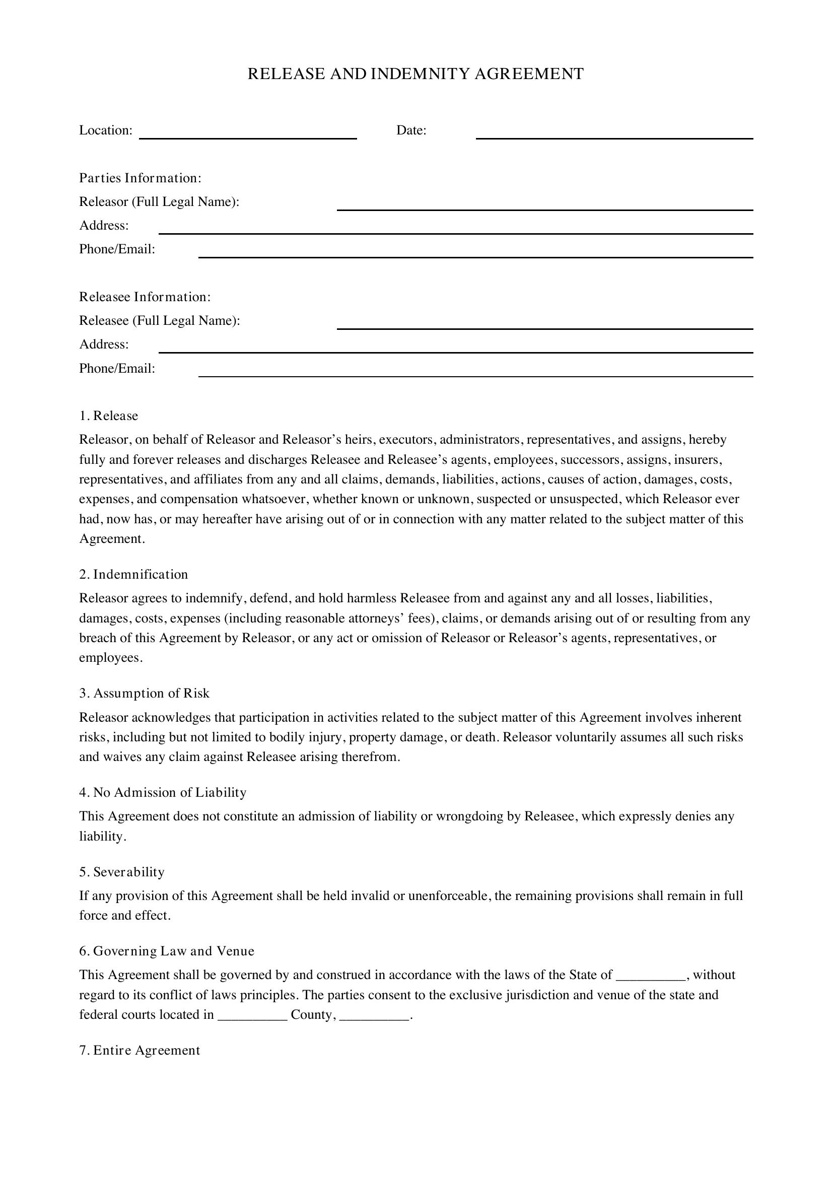 Release And Indemnity Agreement Template - US