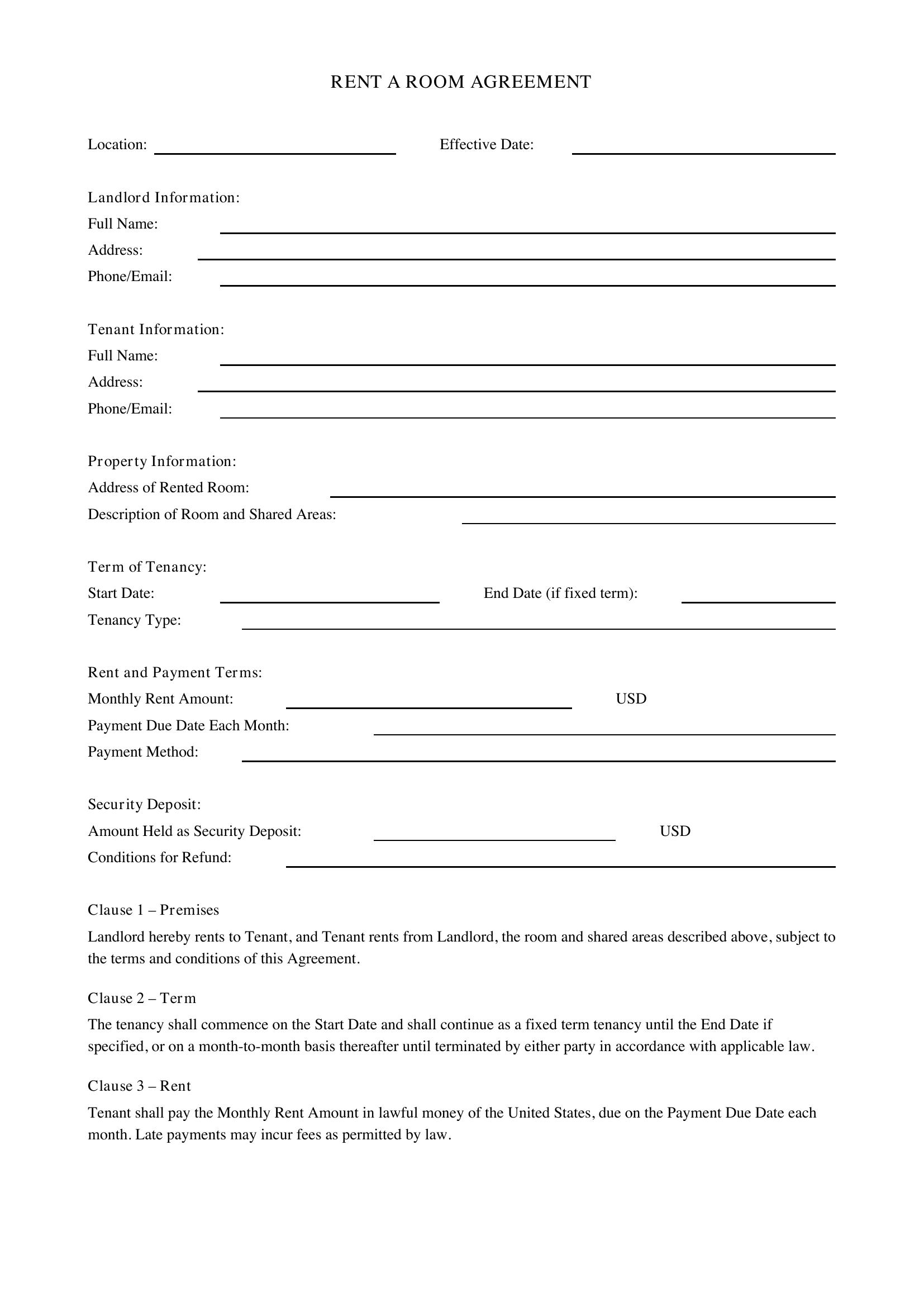Rent A Room Agreement Template - US