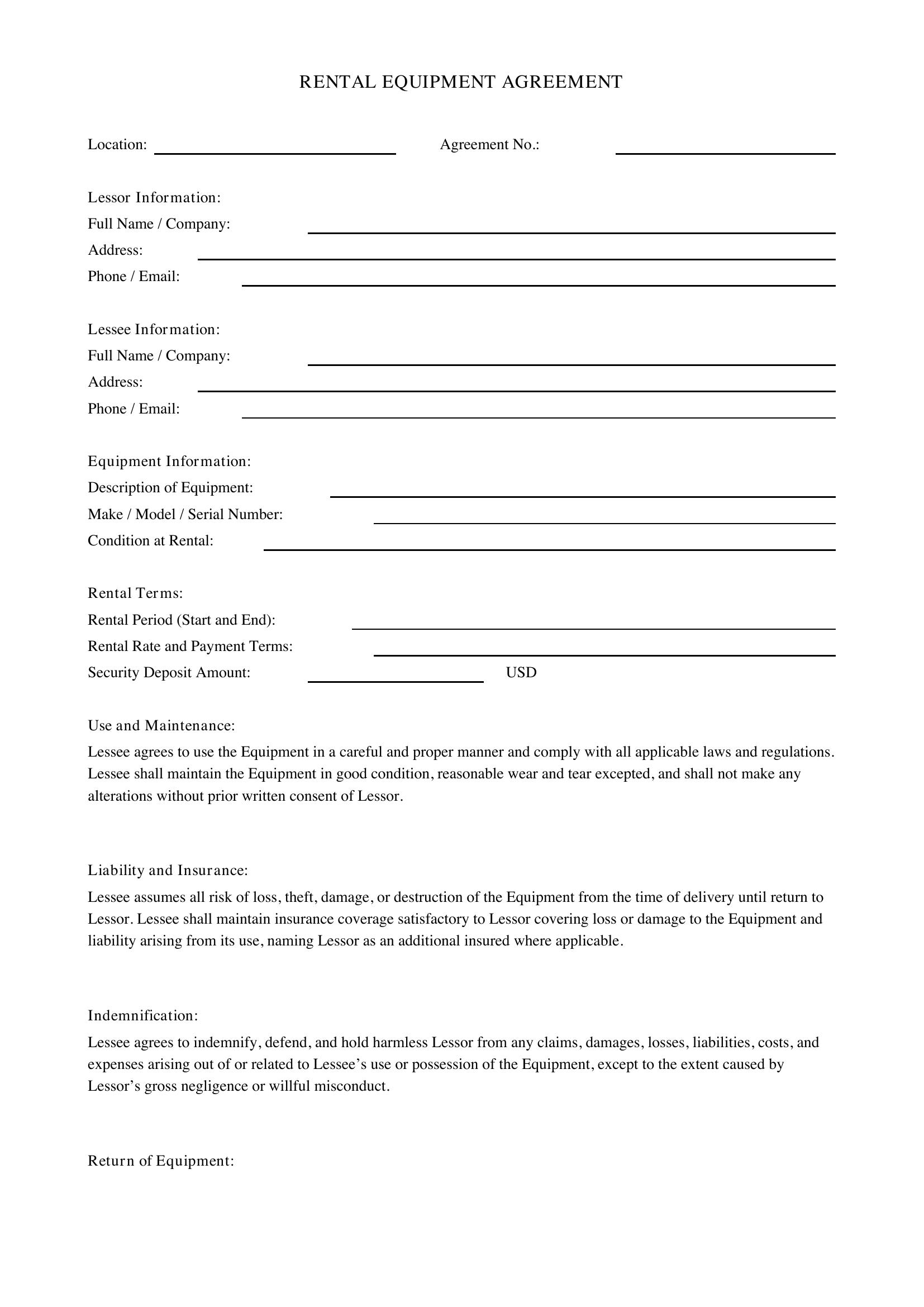 Rental Equipment Agreement Template - US