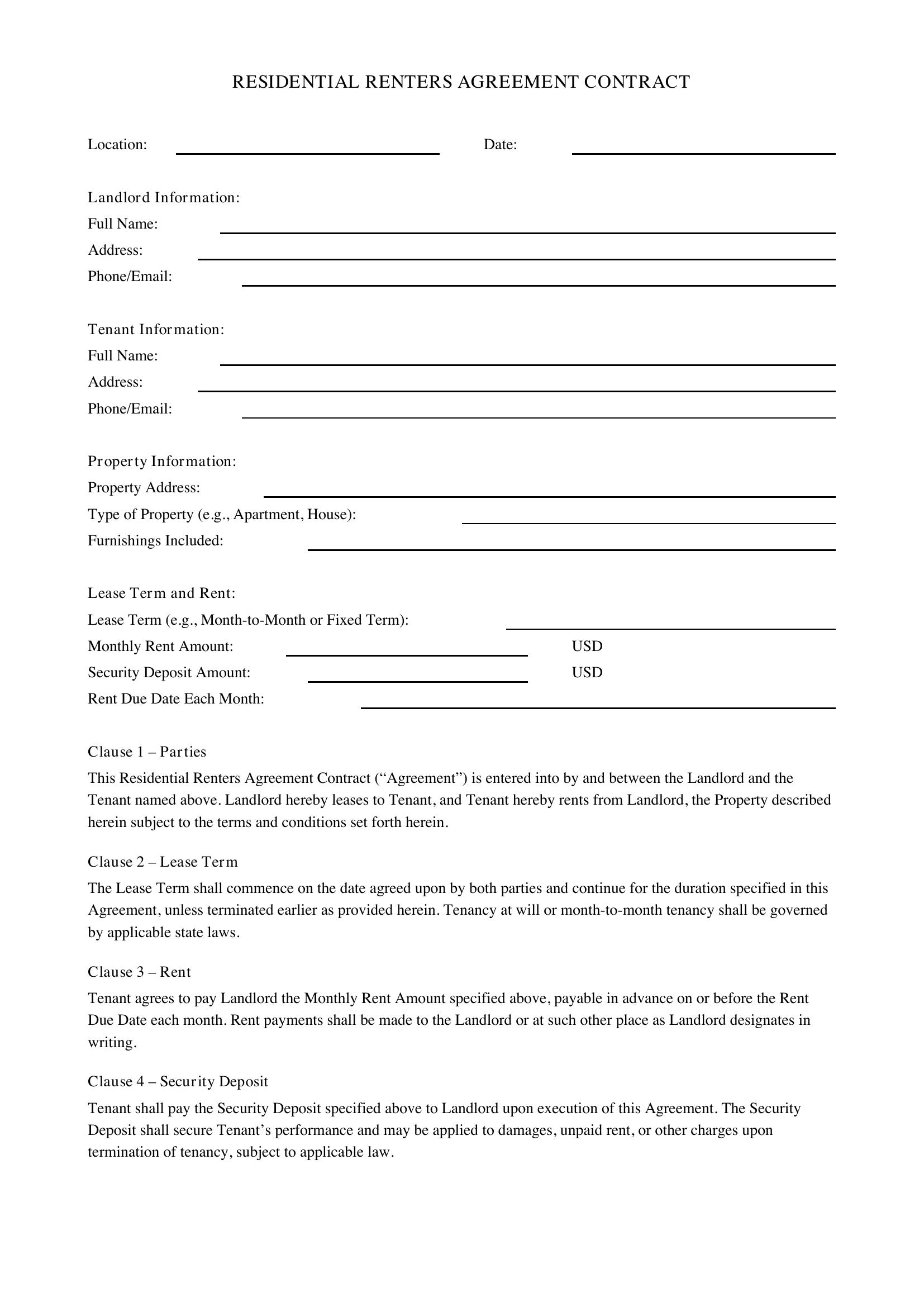 Renters Agreement Contract Template - US