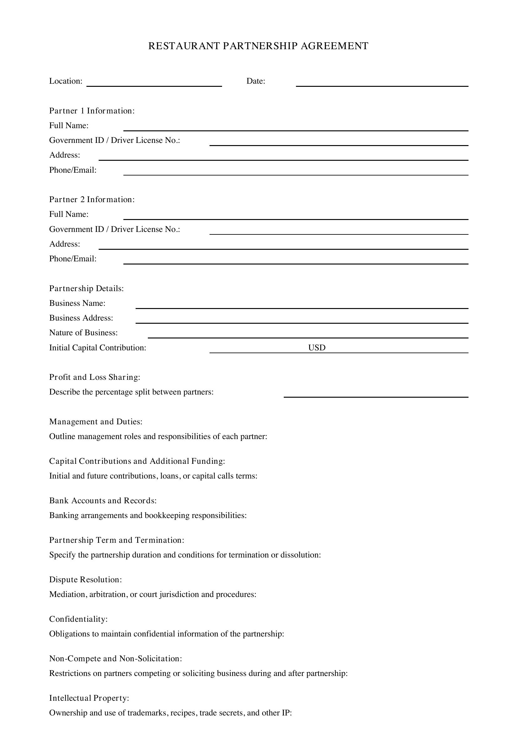 Restaurant Partnership Agreement Template - US