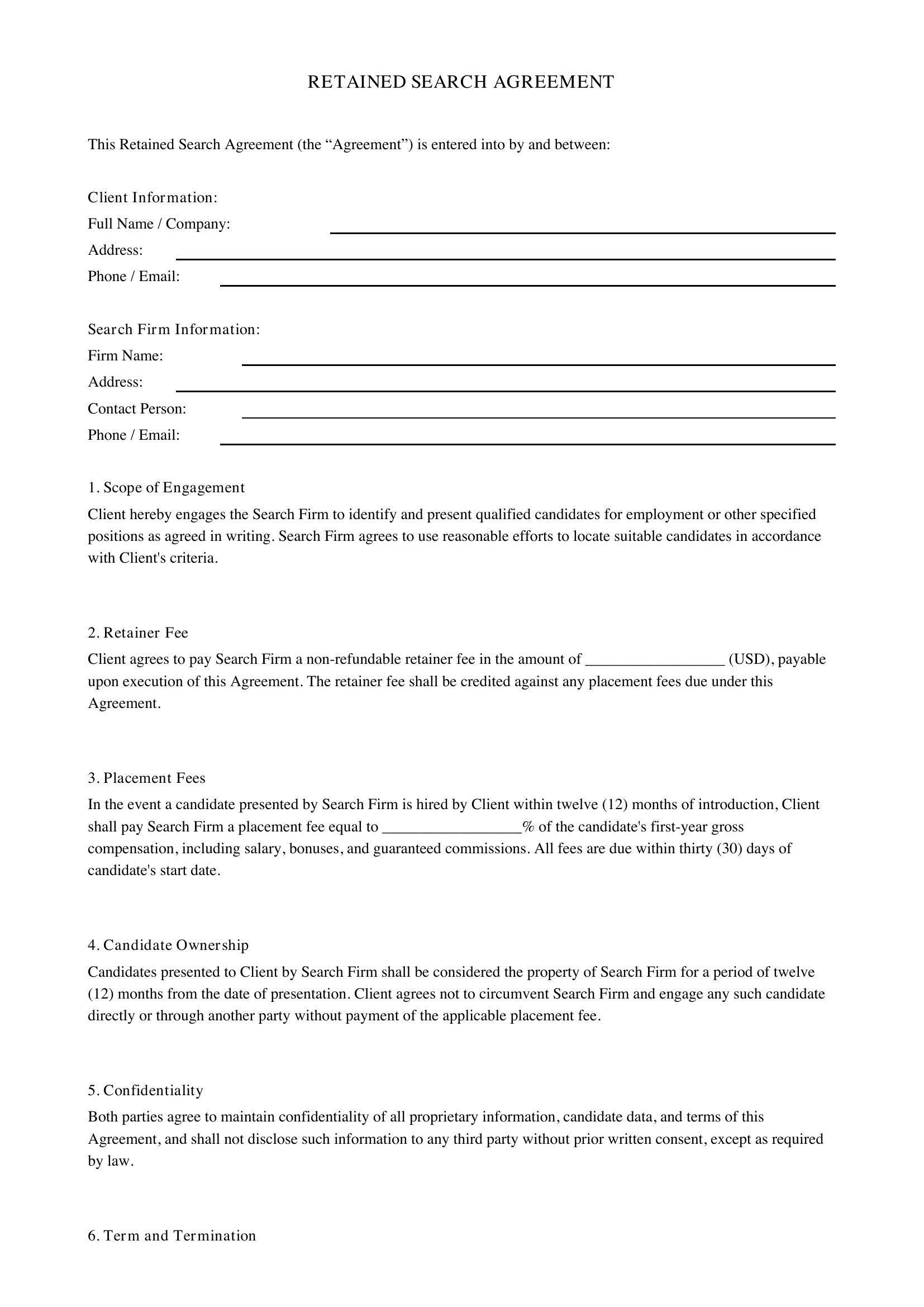 Retained Search Agreement Template - US