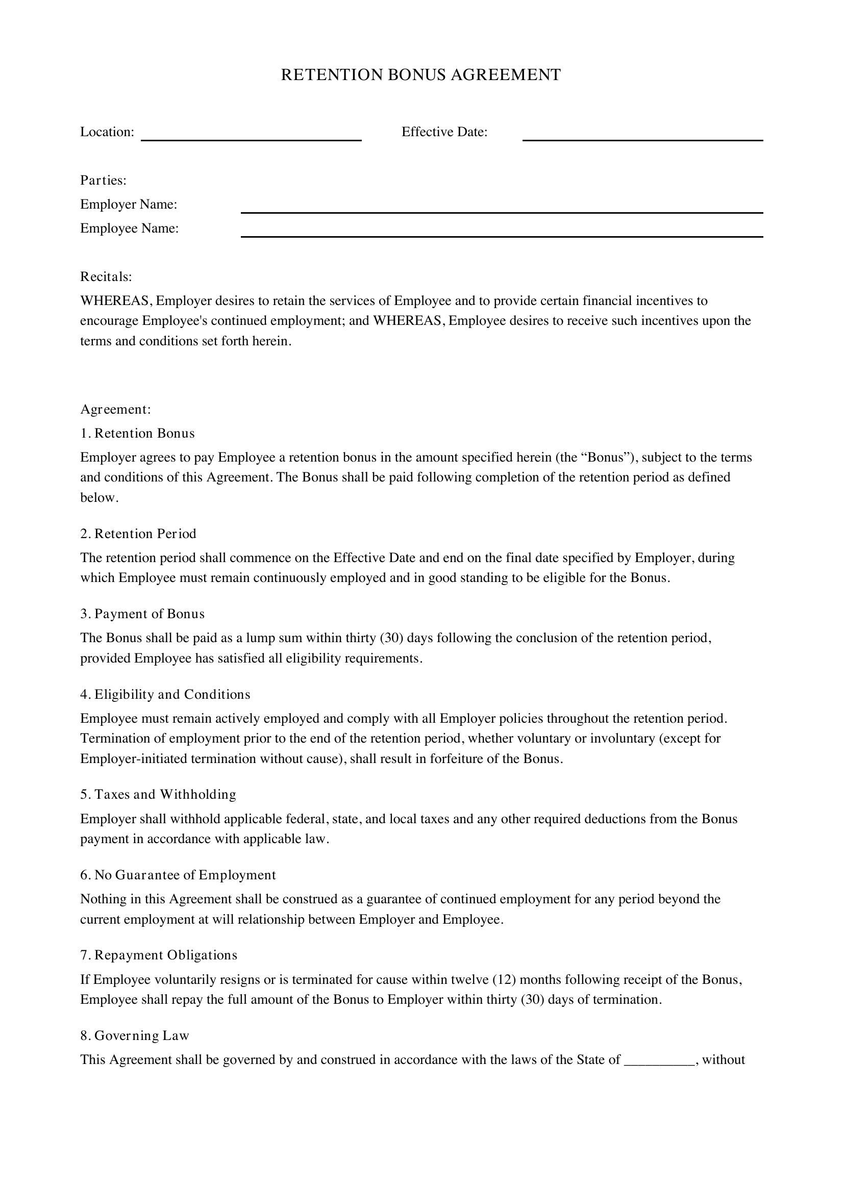 Retention Bonus Agreement Template - US
