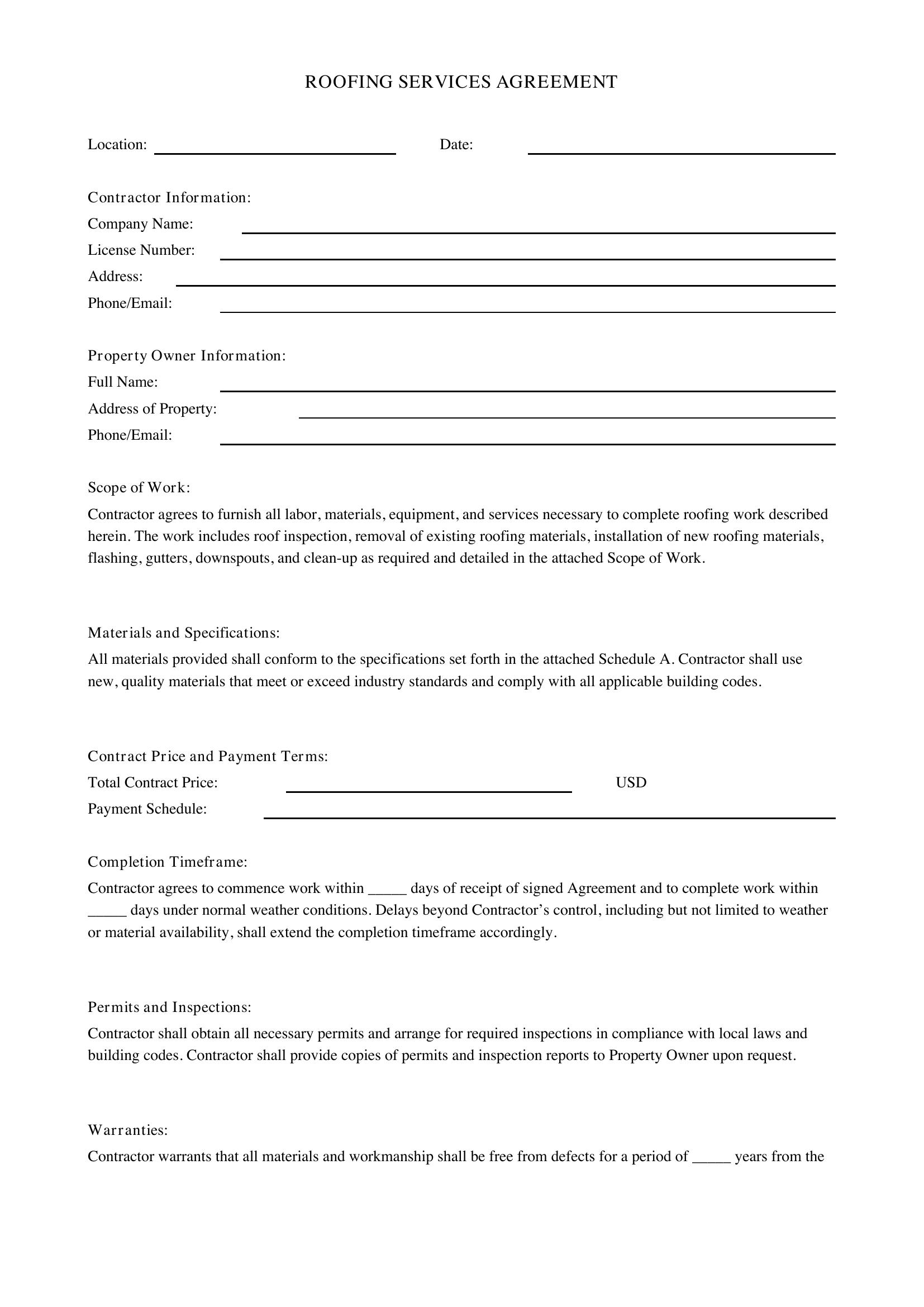 Roofing Agreement Template - US