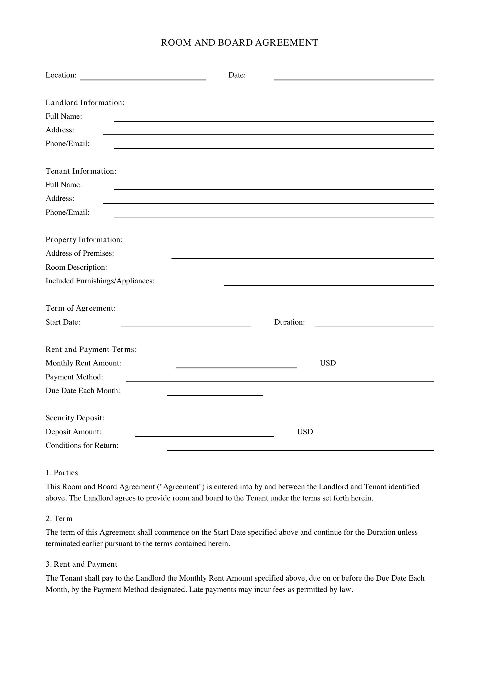 Room And Board Agreement Template - US