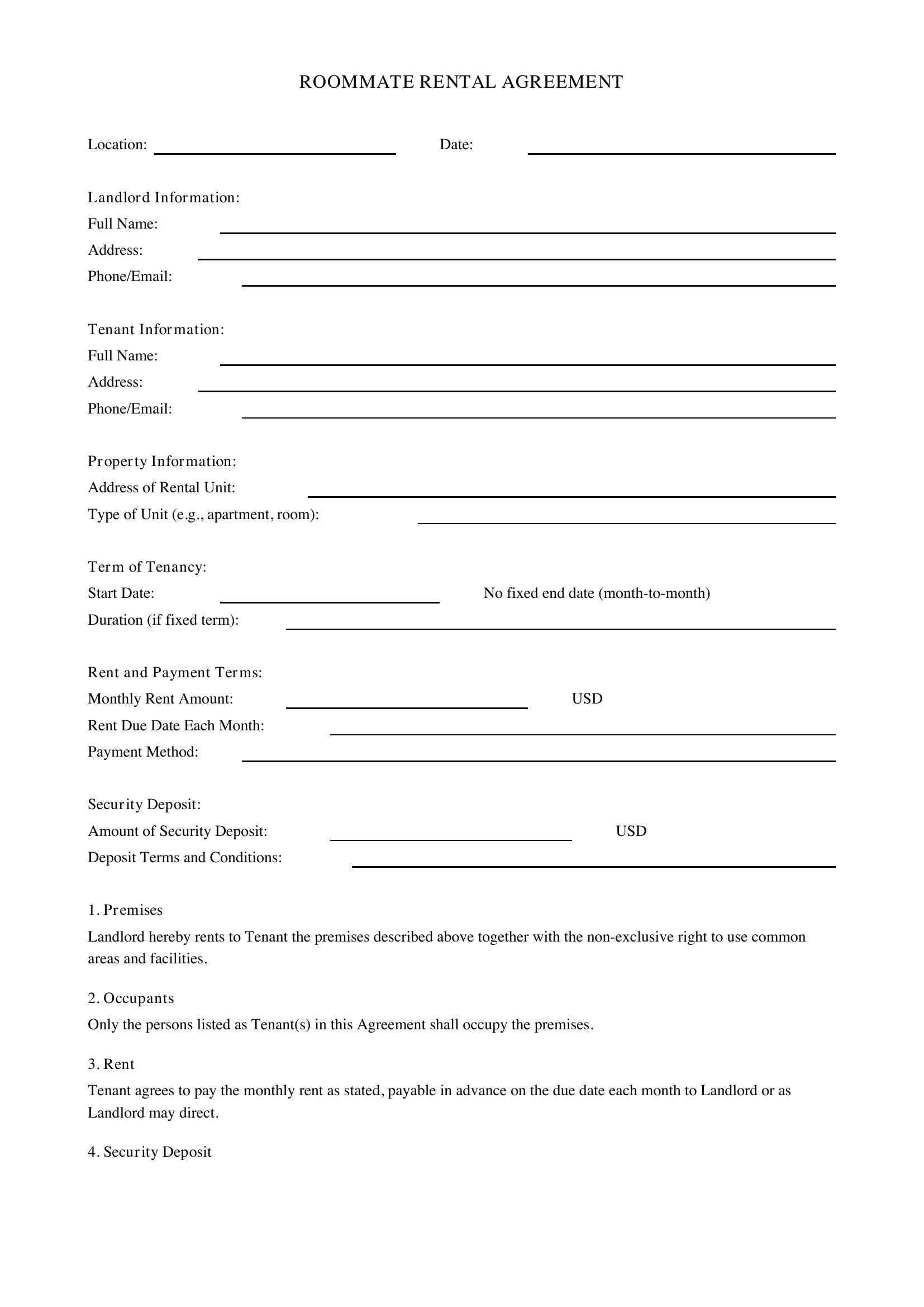 Roommate Rental Agreement Template - US