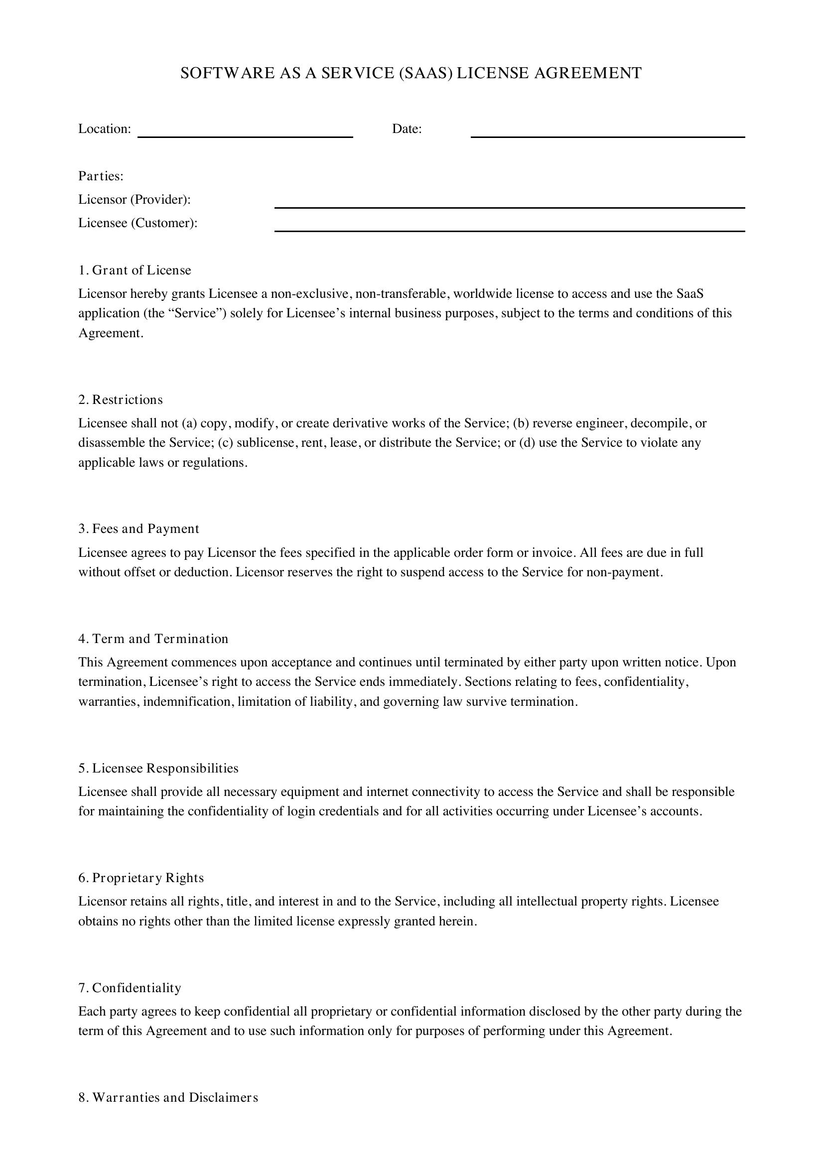 Saas License Agreement Template - US