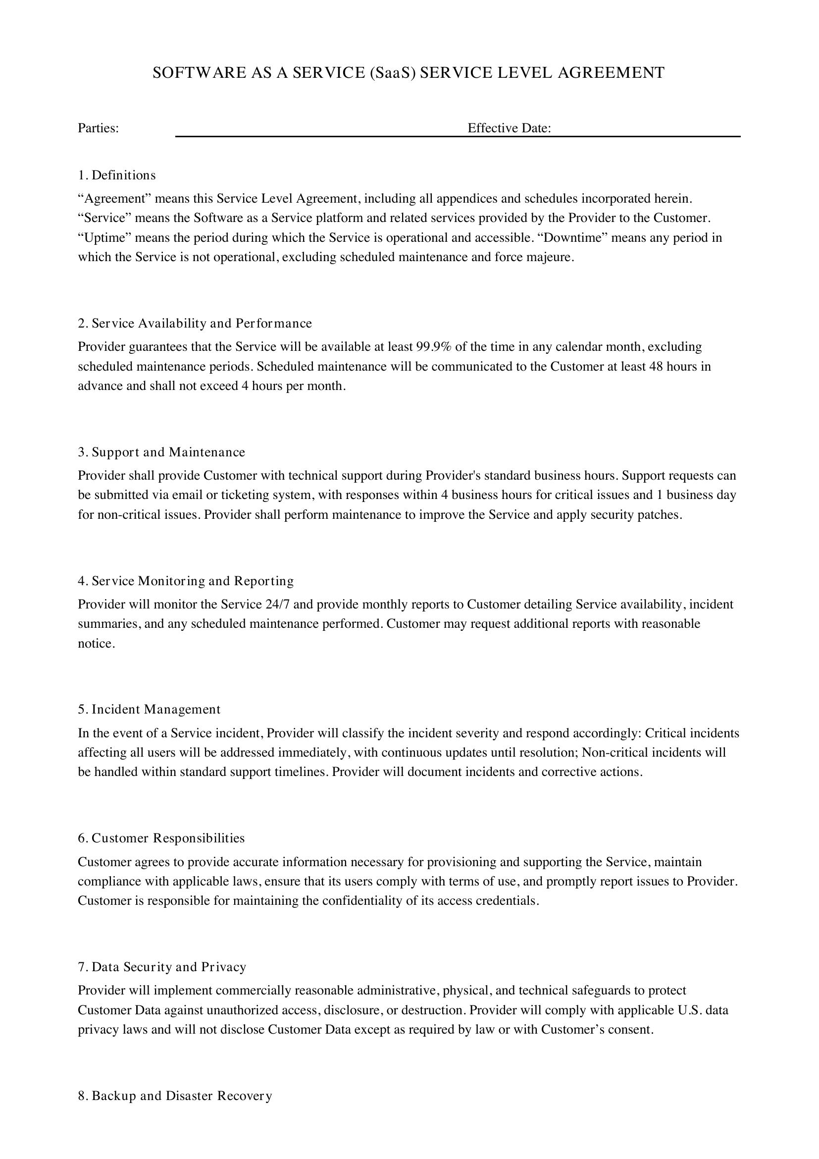 Saas Service Level Agreement Template - US