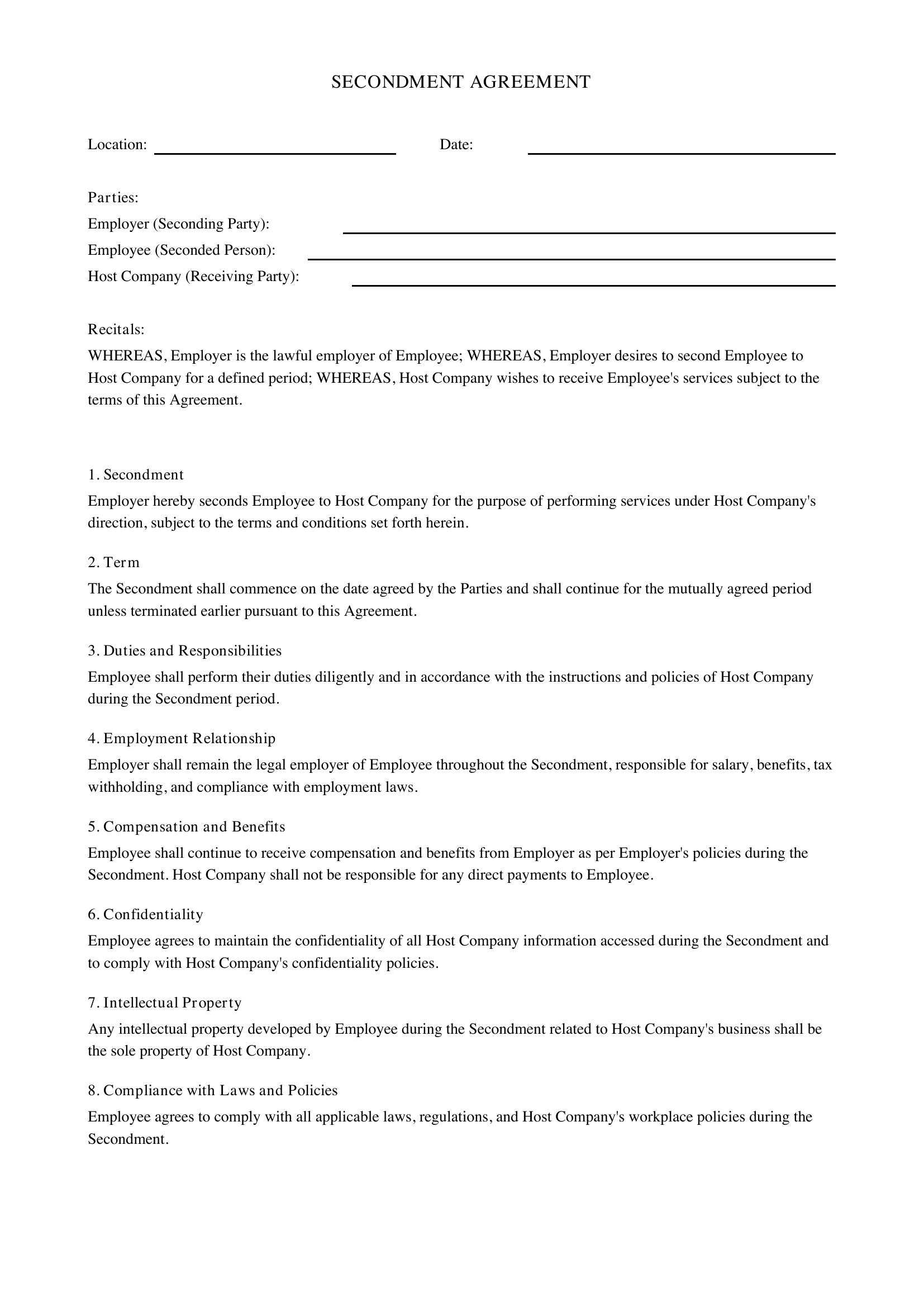Secondment Agreement Template - US