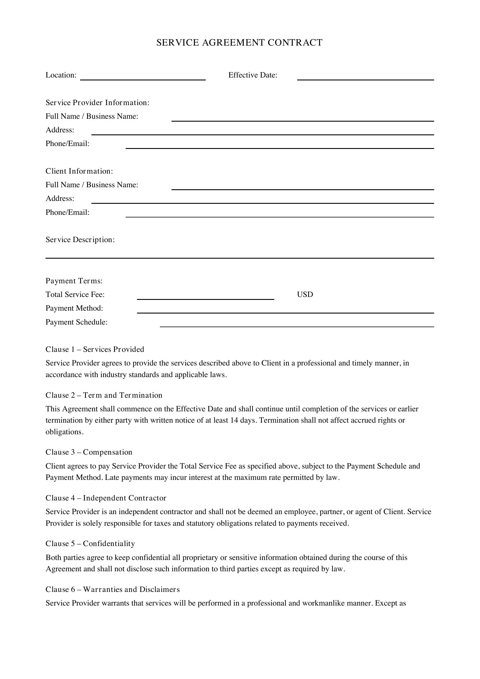 Service Agreement Contract Template - US