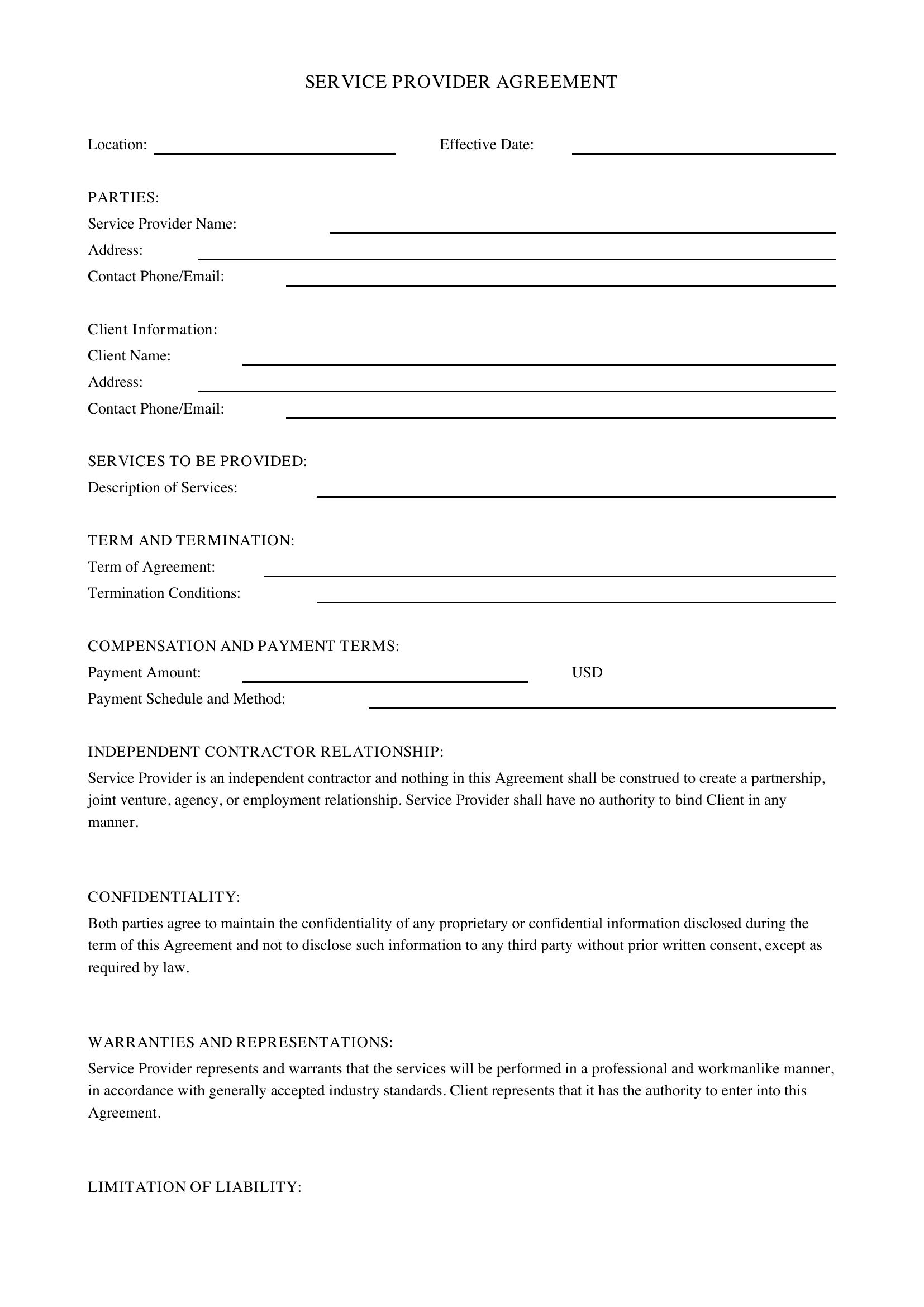 Service Provider Agreement Template - US