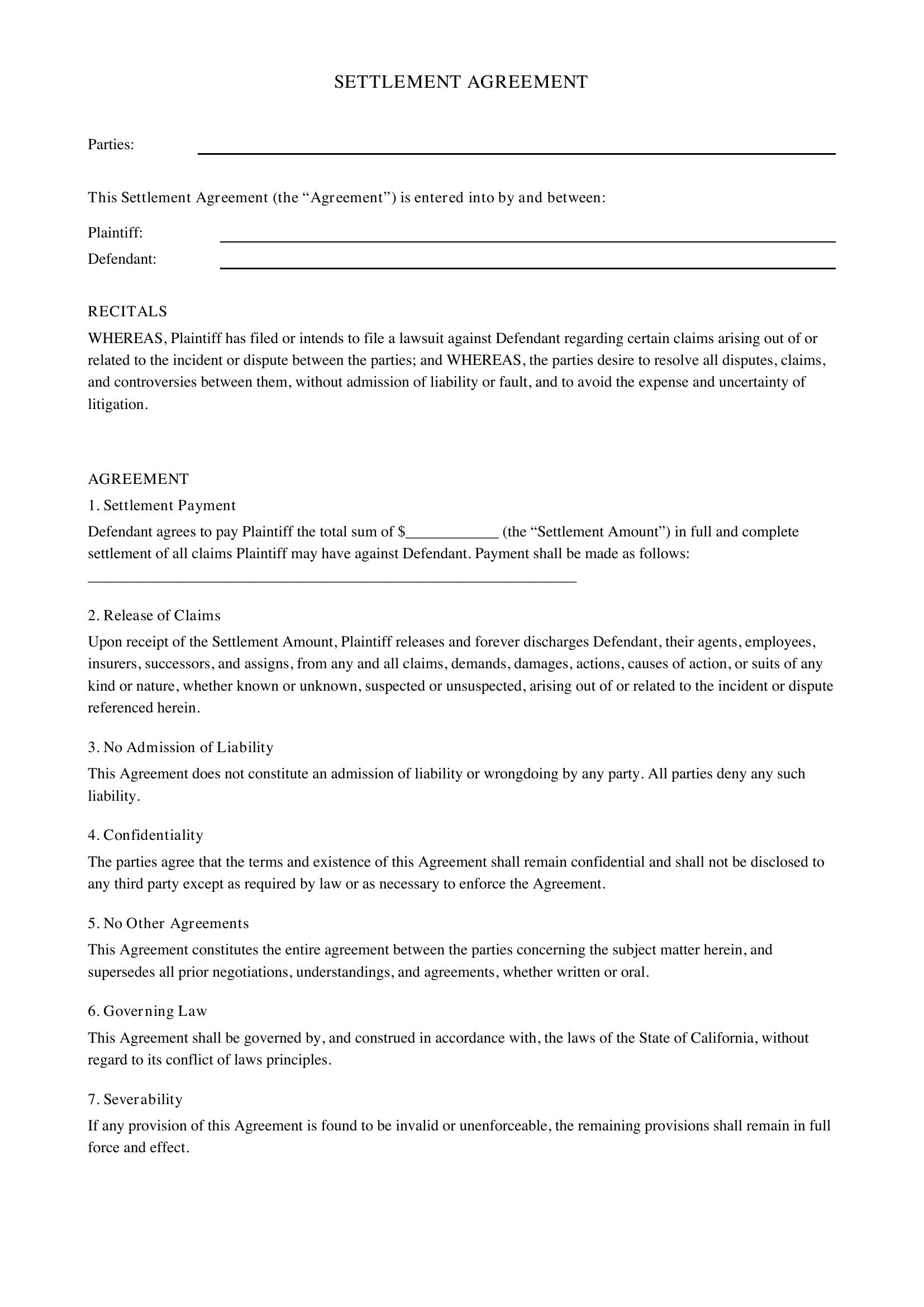 Settlement Agreement California Template - US