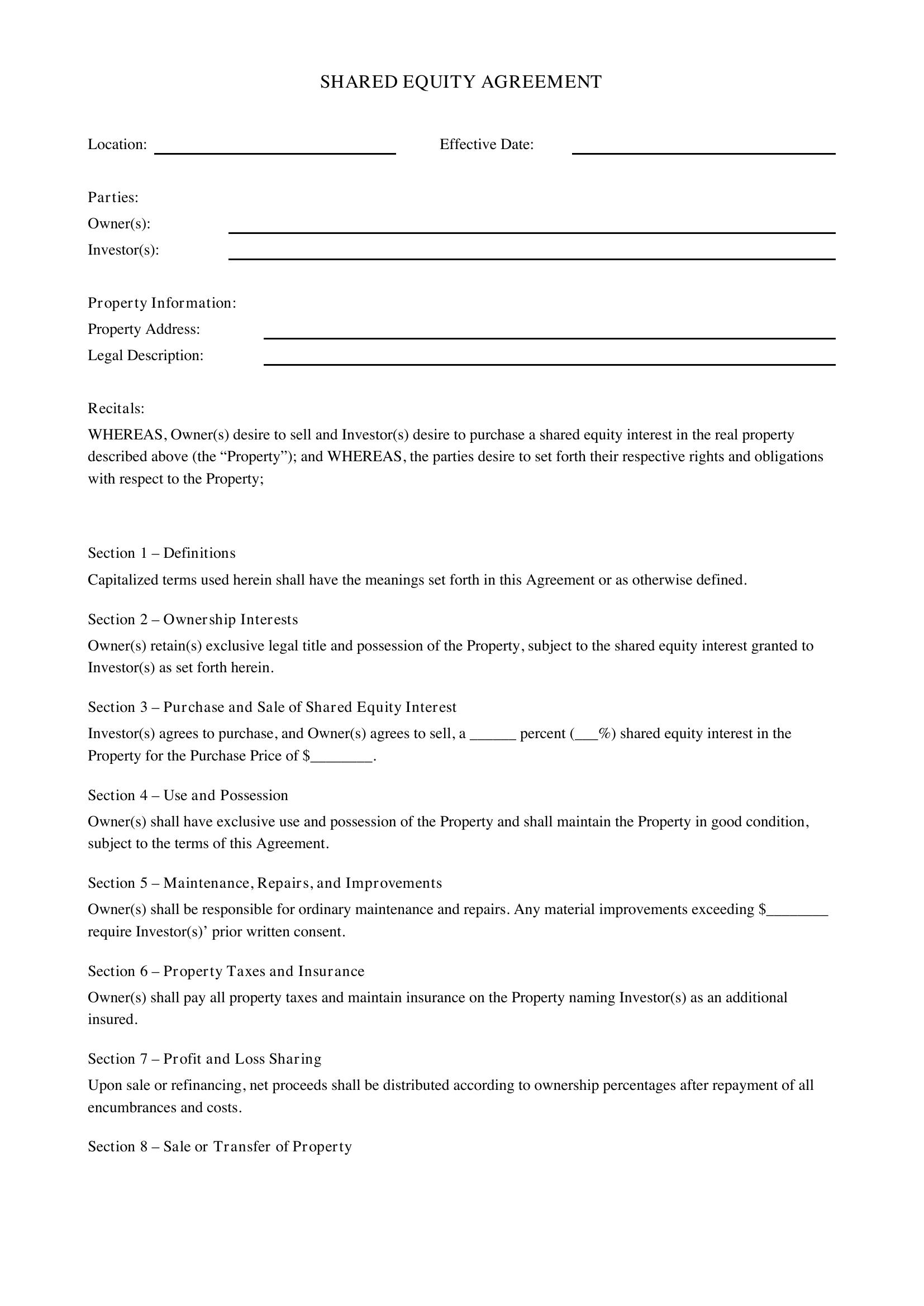 Shared Equity Agreement Template - US