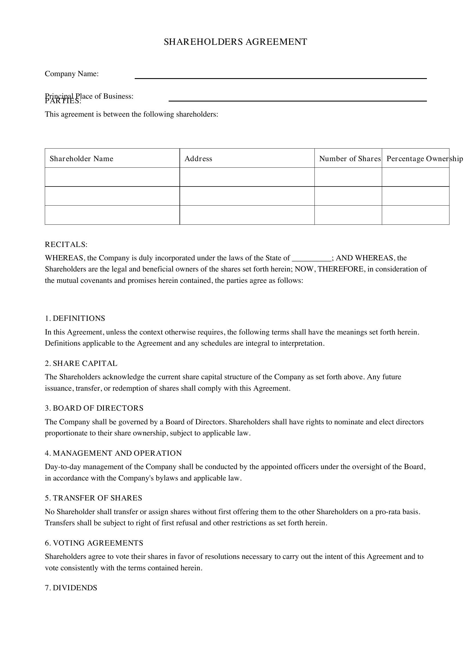 Shareholding Agreement Template - US