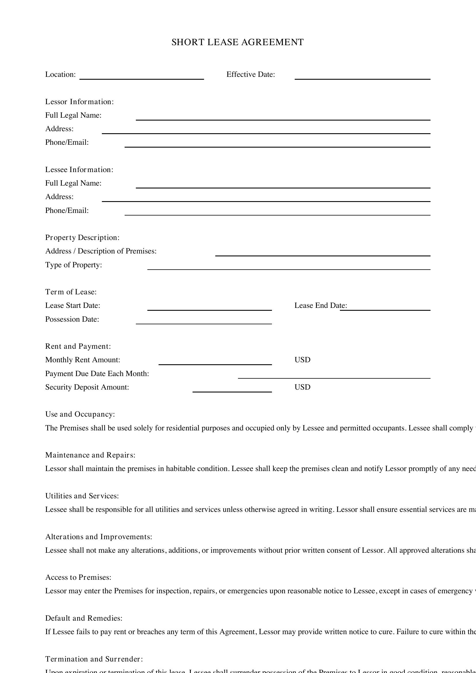 Short Lease Agreement Template - US