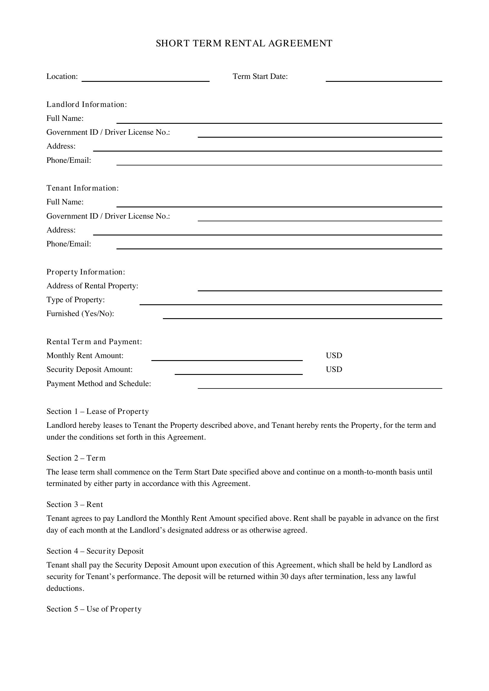 Short Term Rental Agreement Template - US