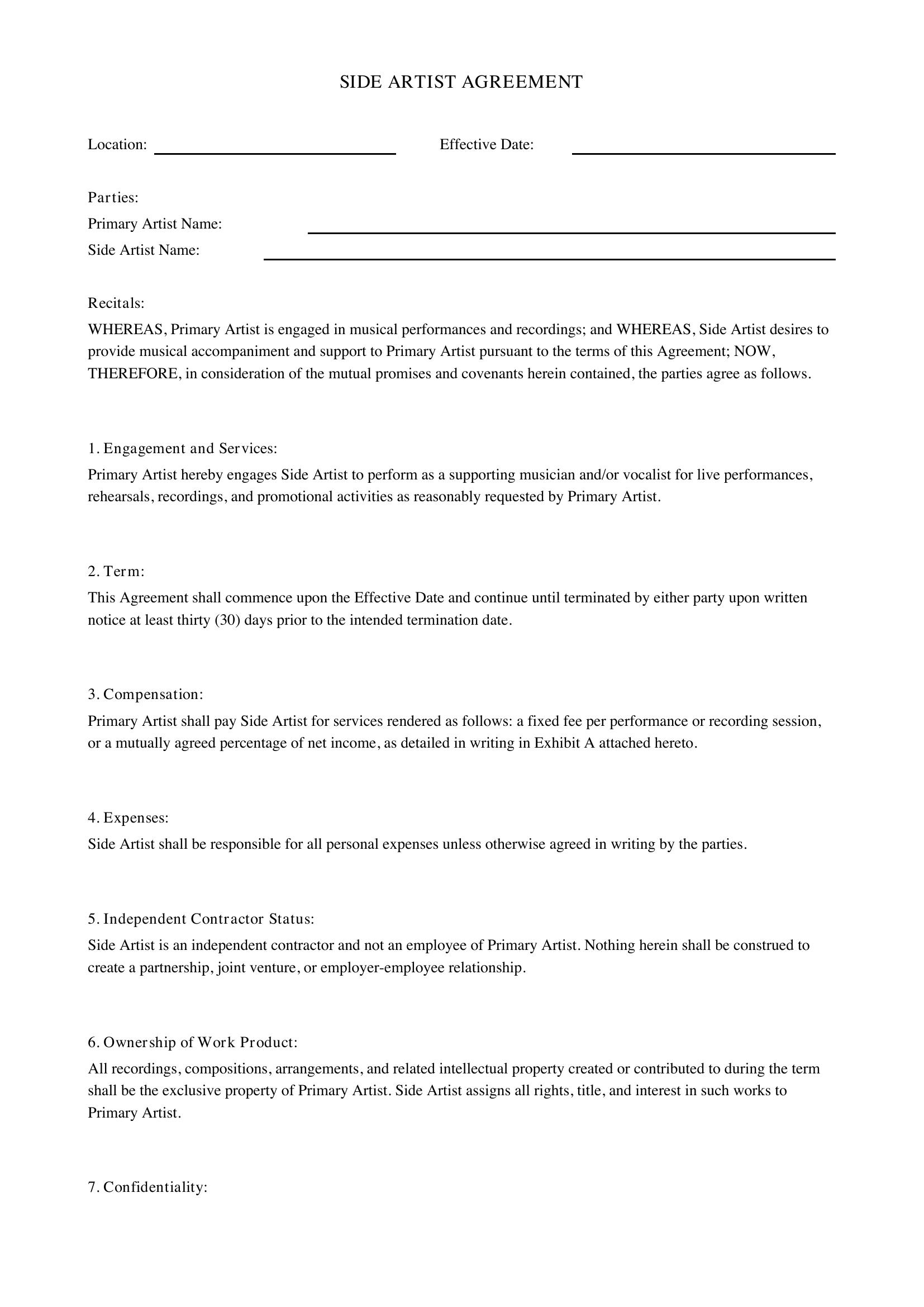 Side Artist Agreement Template - US