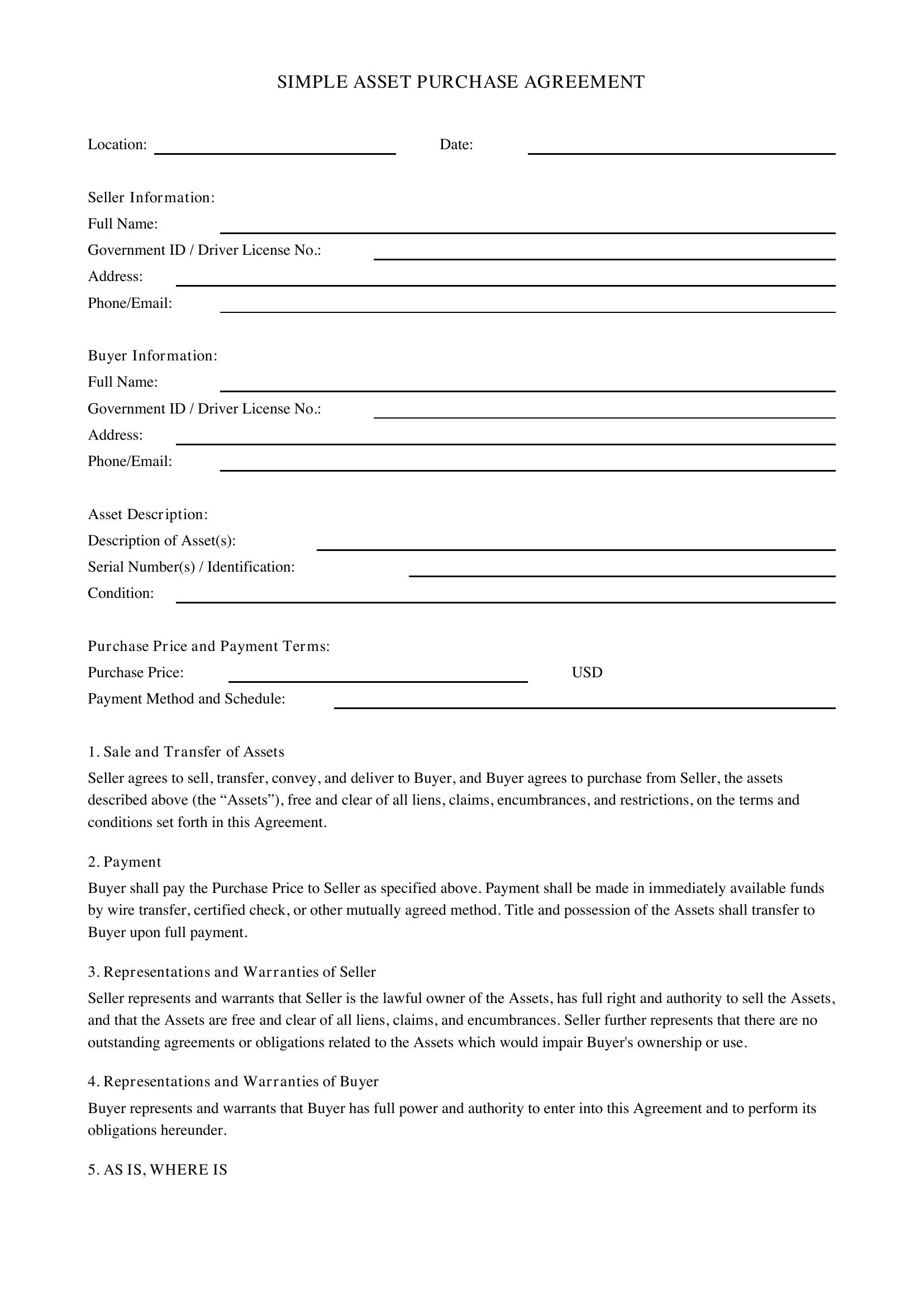 Simple Asset Purchase Agreement Template - US