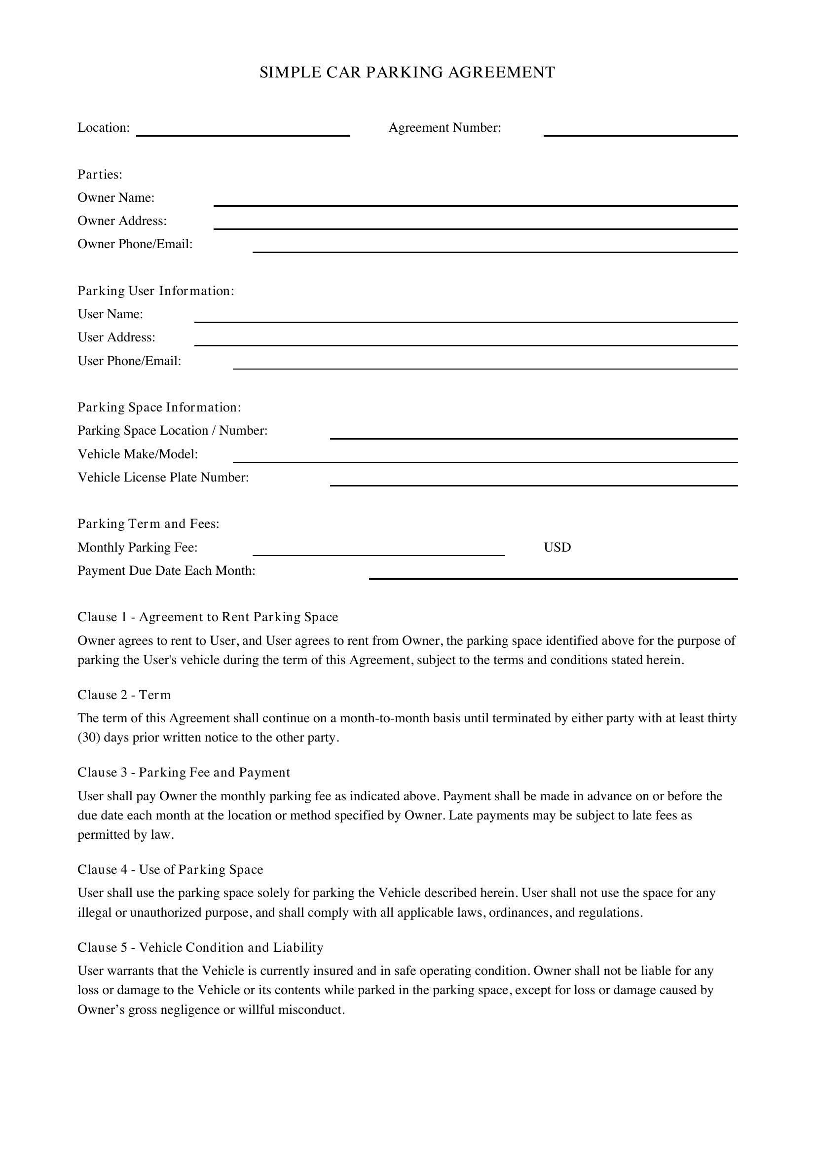 Simple Car Parking Agreement Template - US
