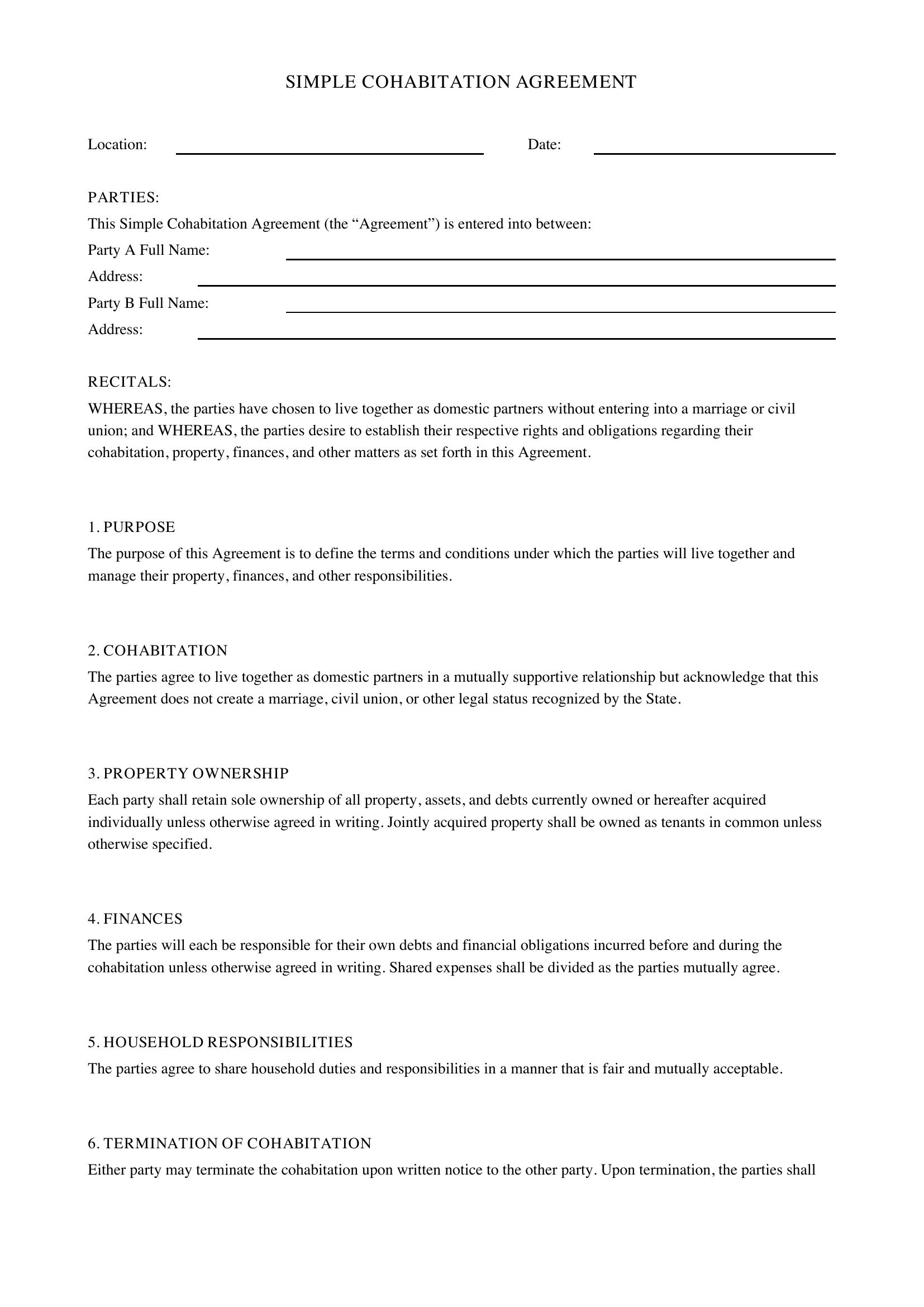 Simple Cohabitation Agreement Template - US