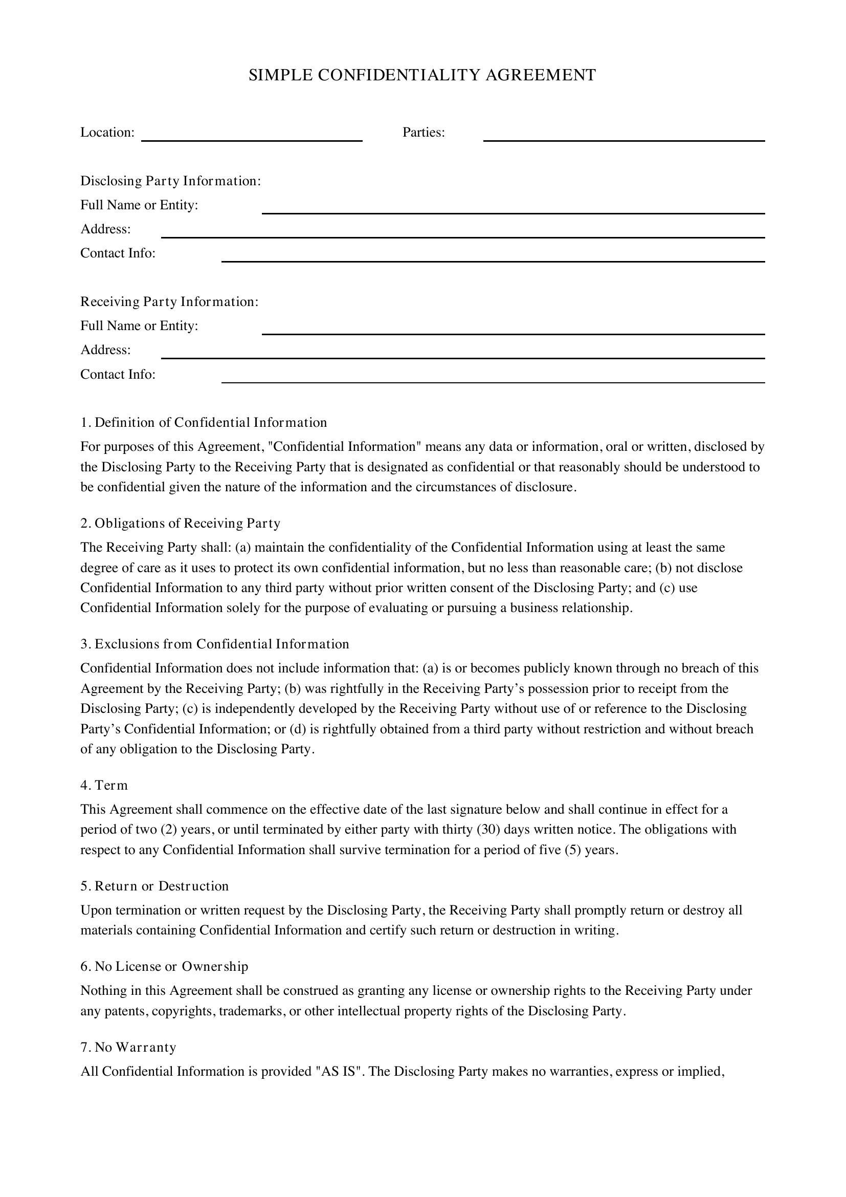 Simple Confidentiality Agreement Template - US