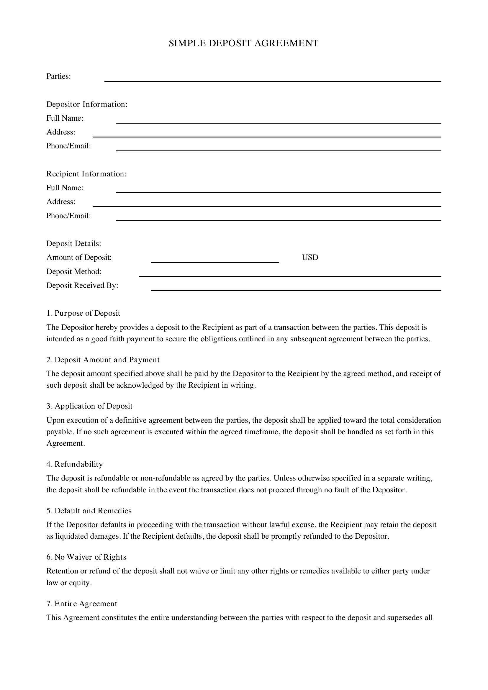 Simple Deposit Agreement Template - US