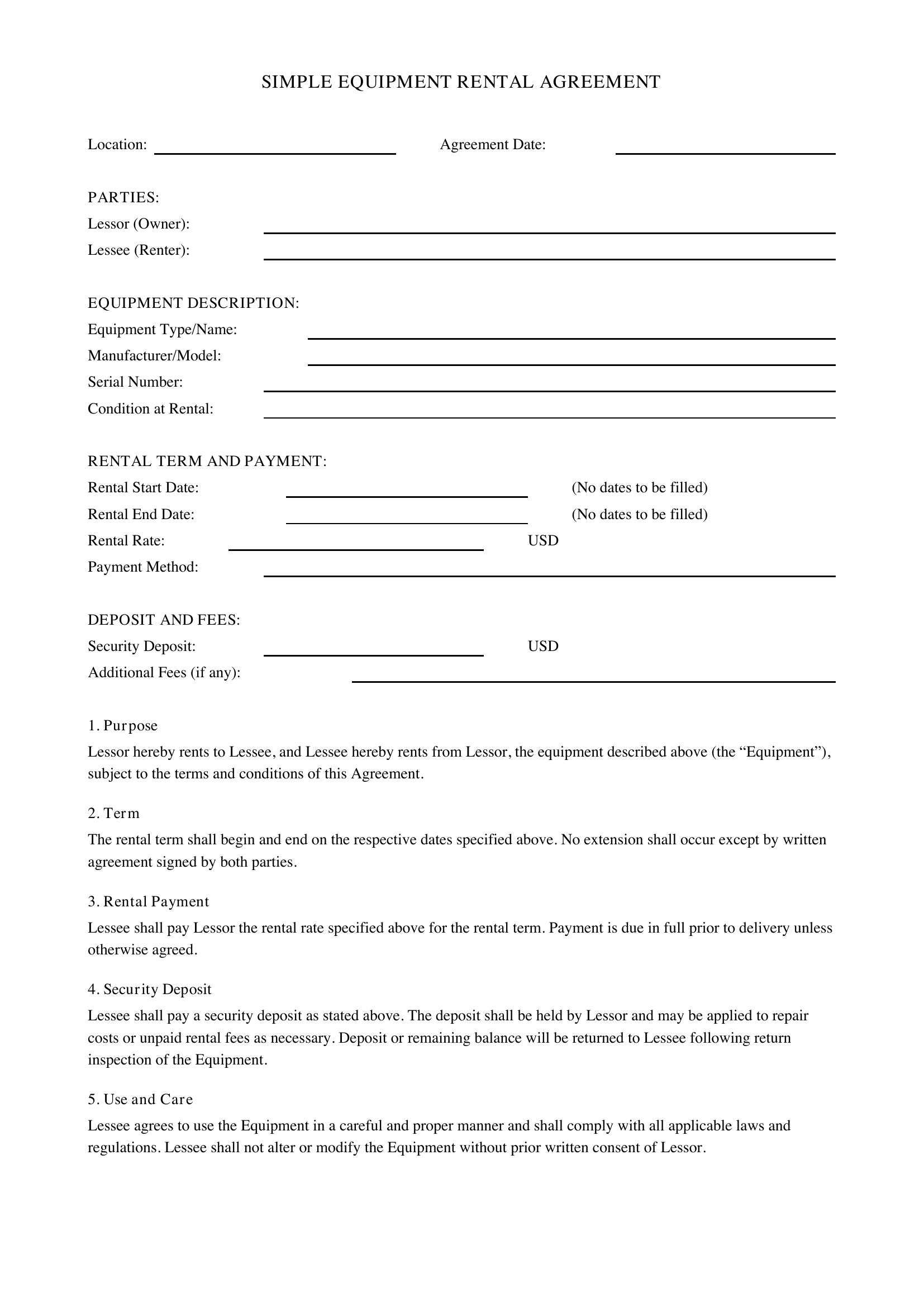 Simple Equipment Rental Agreement Template - US