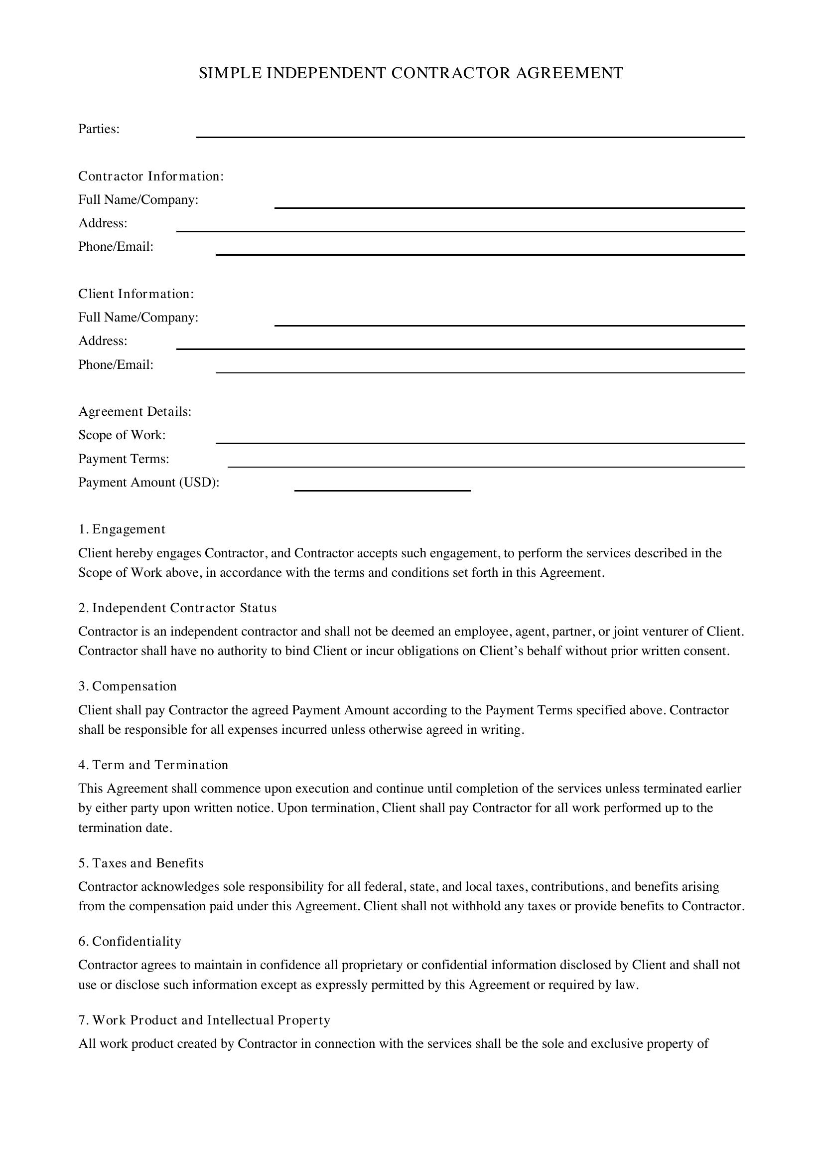 Simple Independent Contractor Agreement Template - US