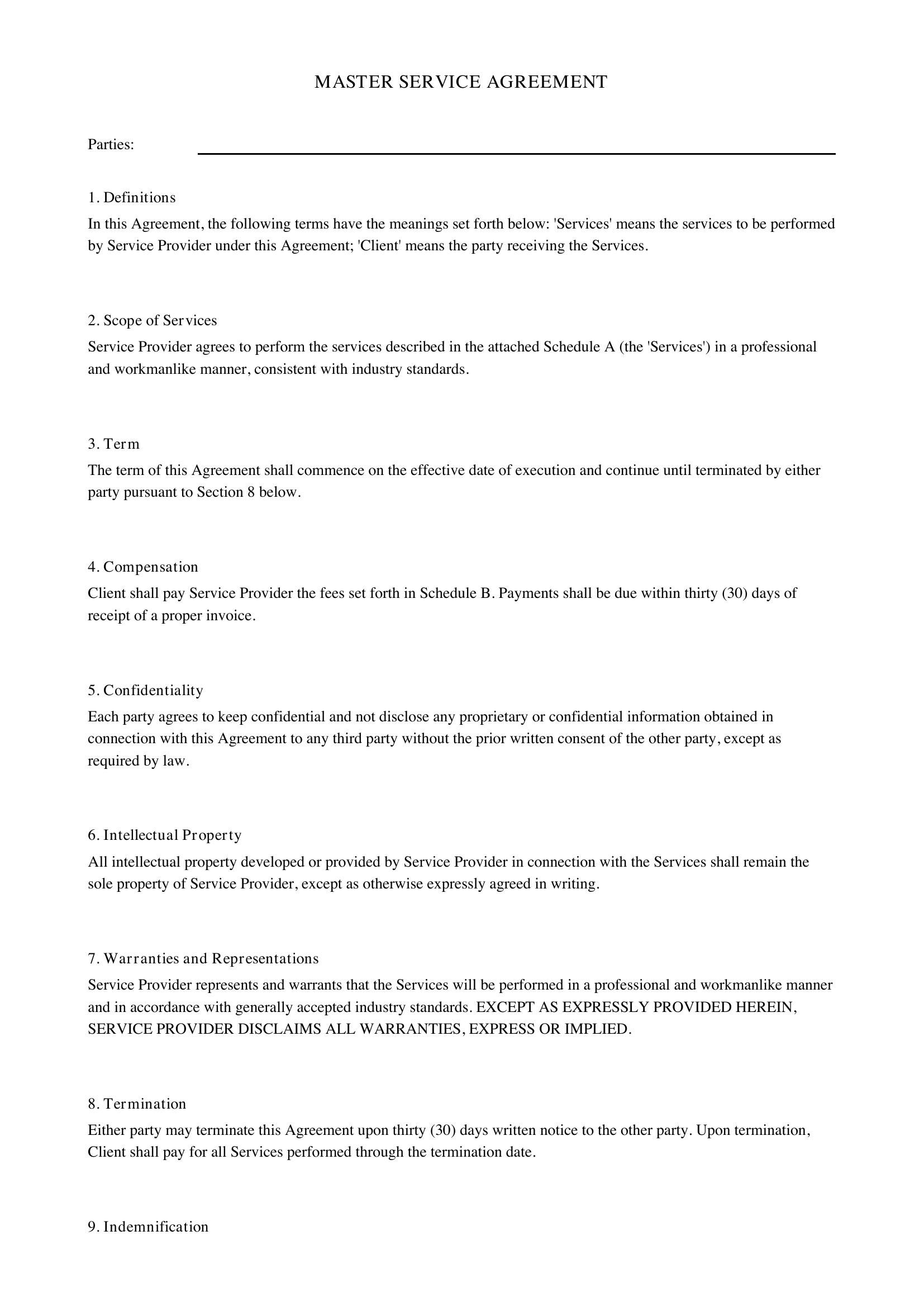 Simple Master Service Agreement Template - US