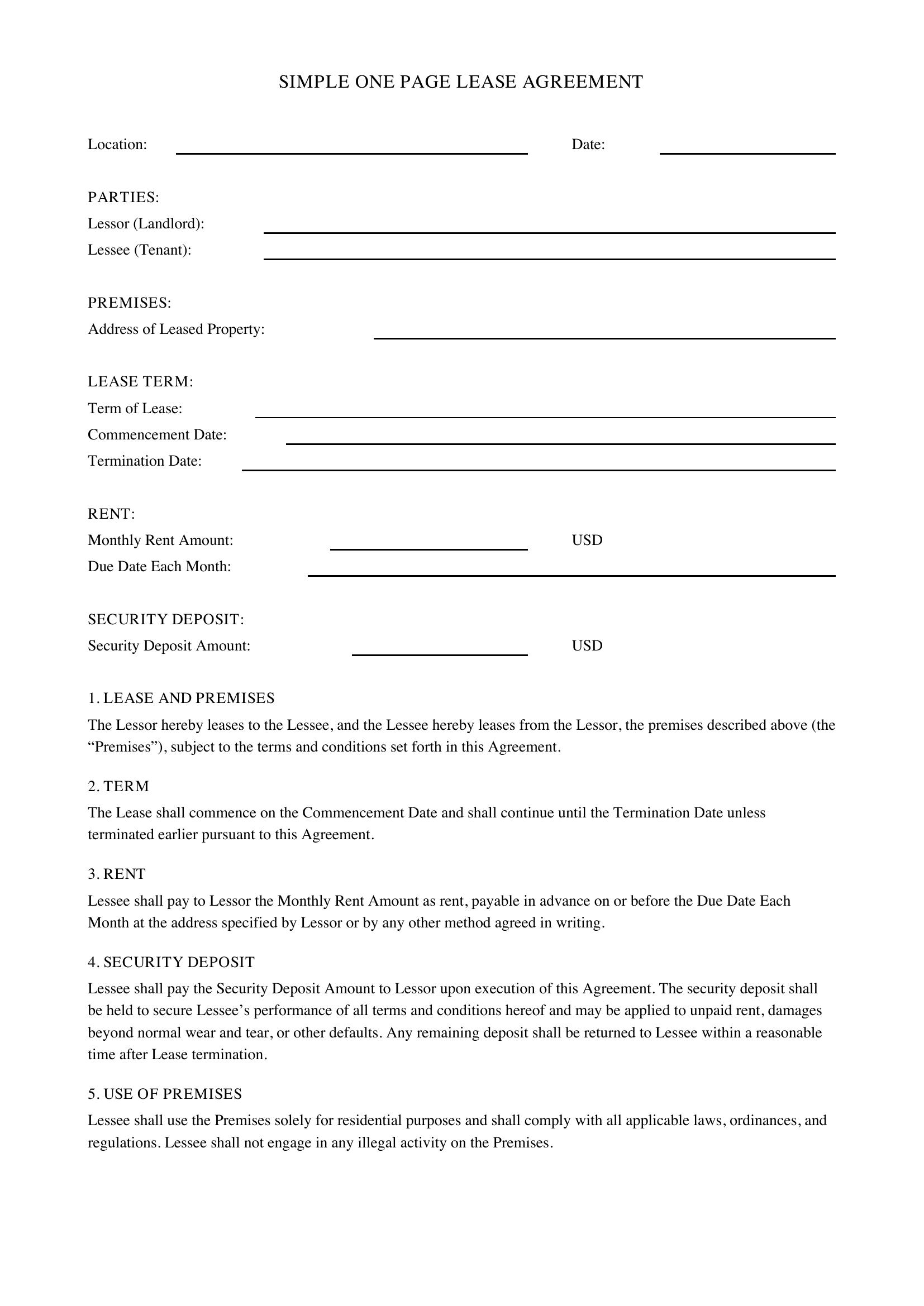 Simple One Page Lease Agreement Template - US