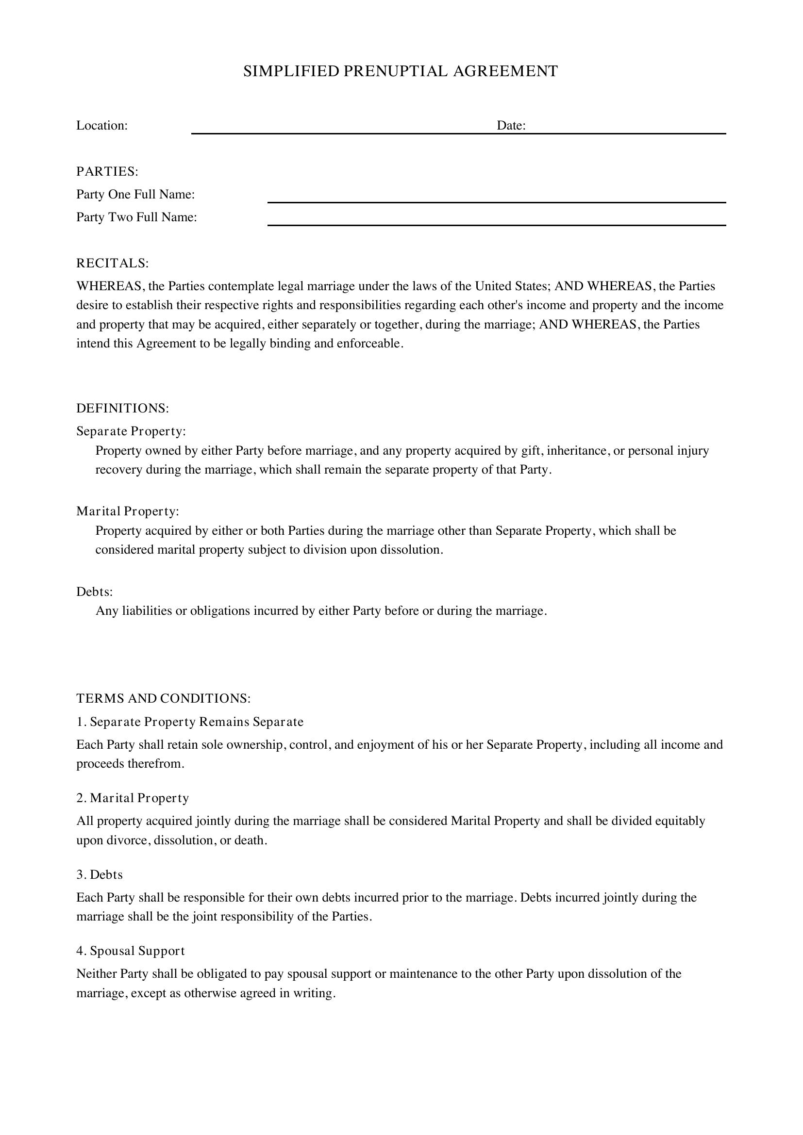 Simple Prenuptial Agreement Template - US