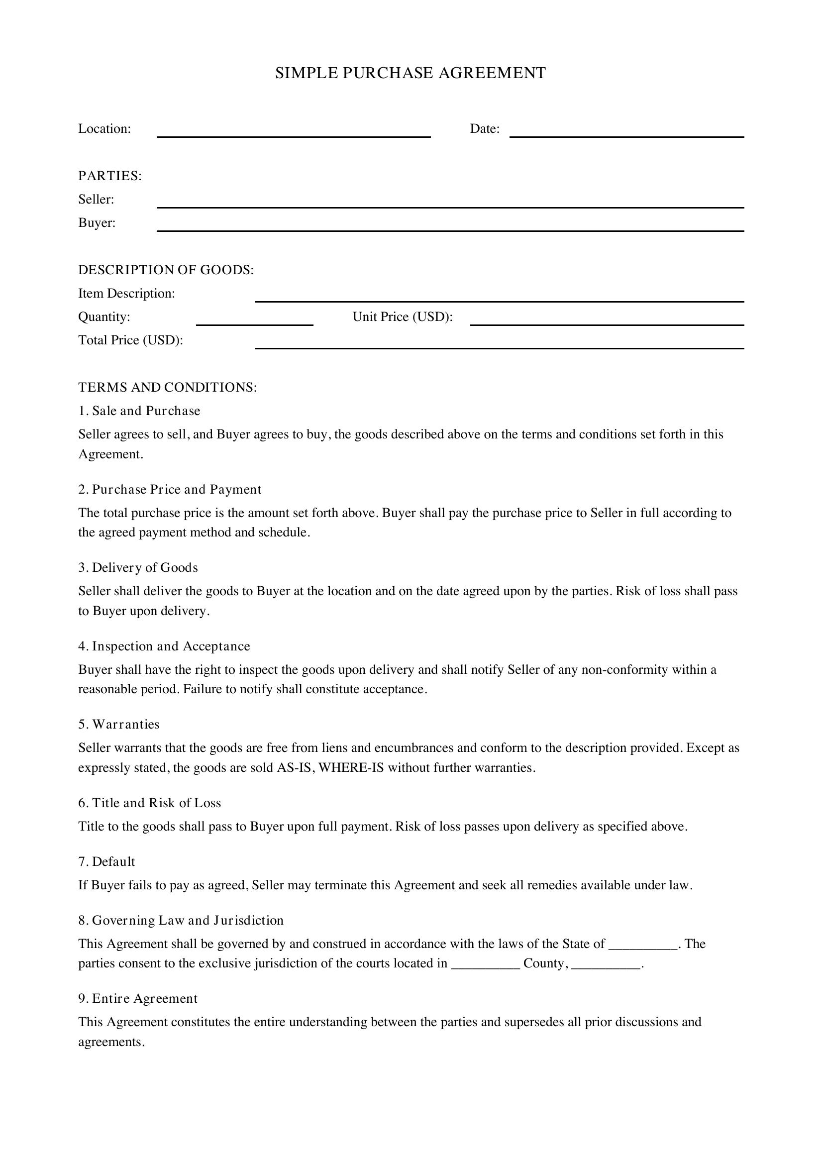 Simple Purchase Agreement Template - US