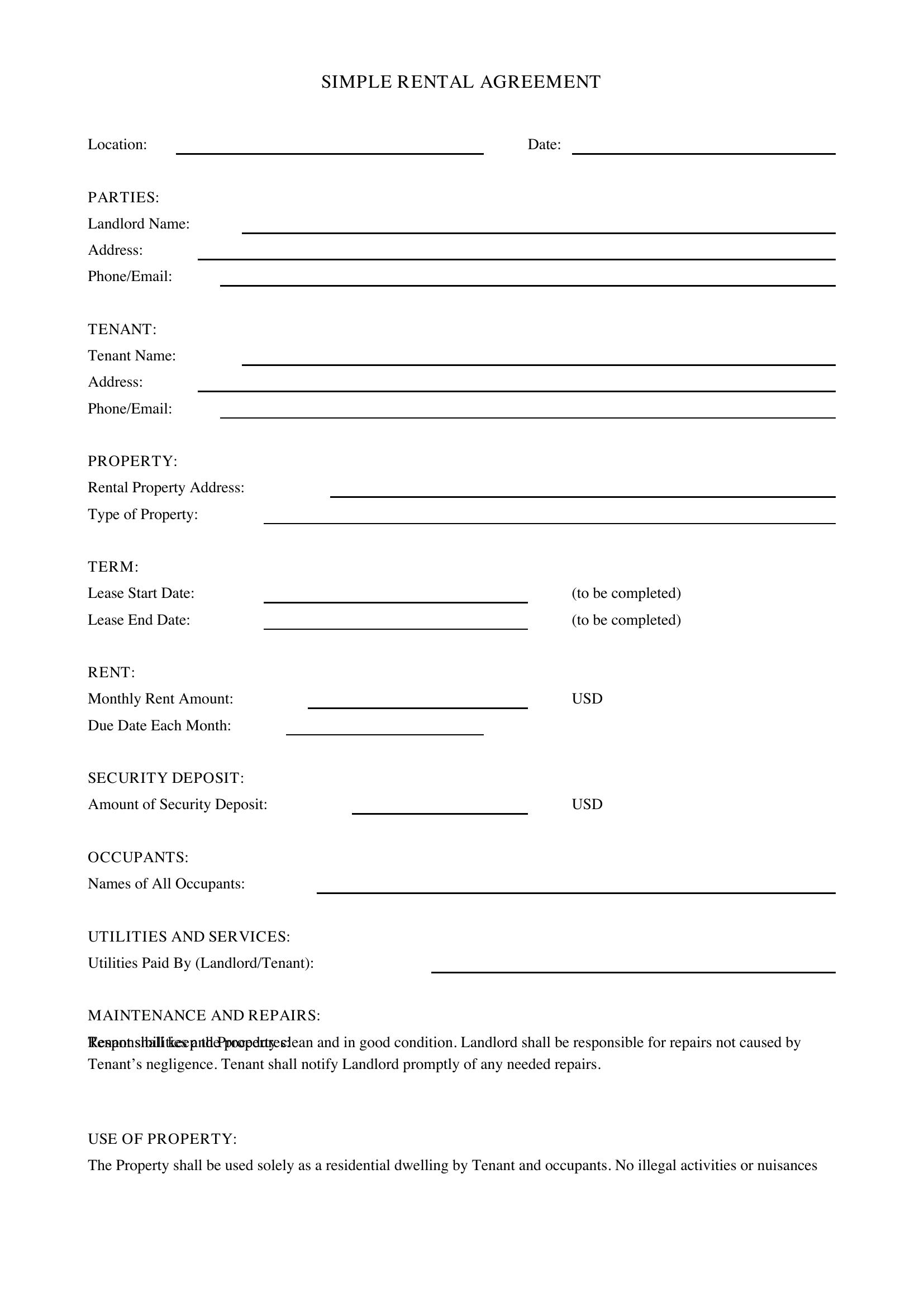 Simple Rental Agreement Template - US