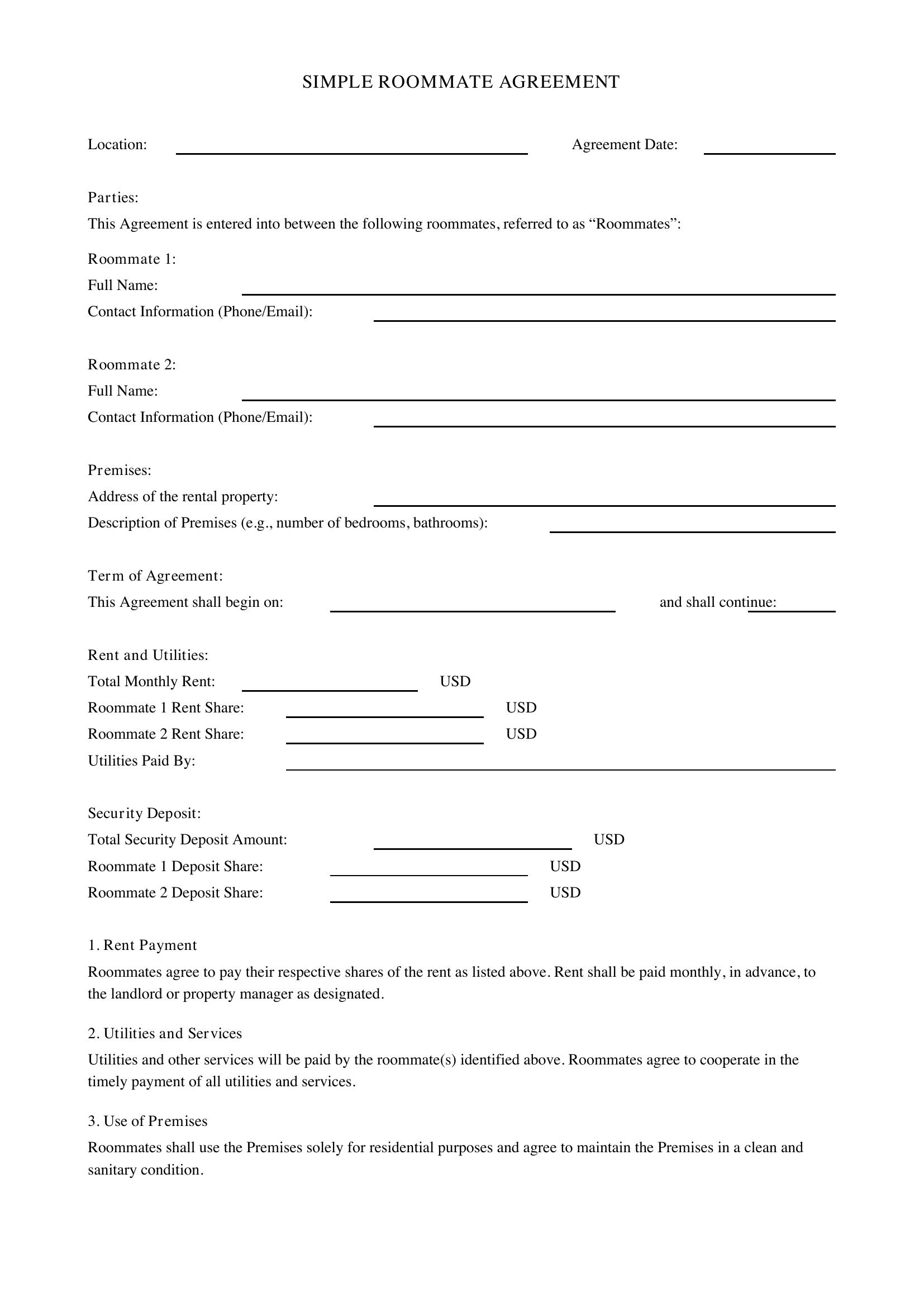 Simple Roommate Agreement Template - US