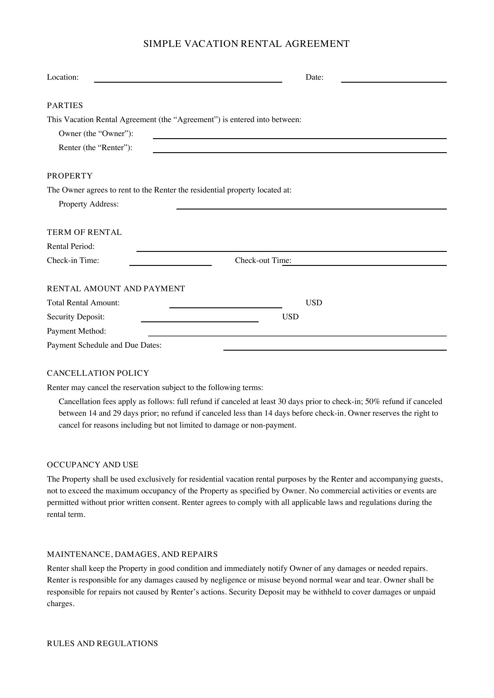 Simple Vacation Rental Agreement Template - US