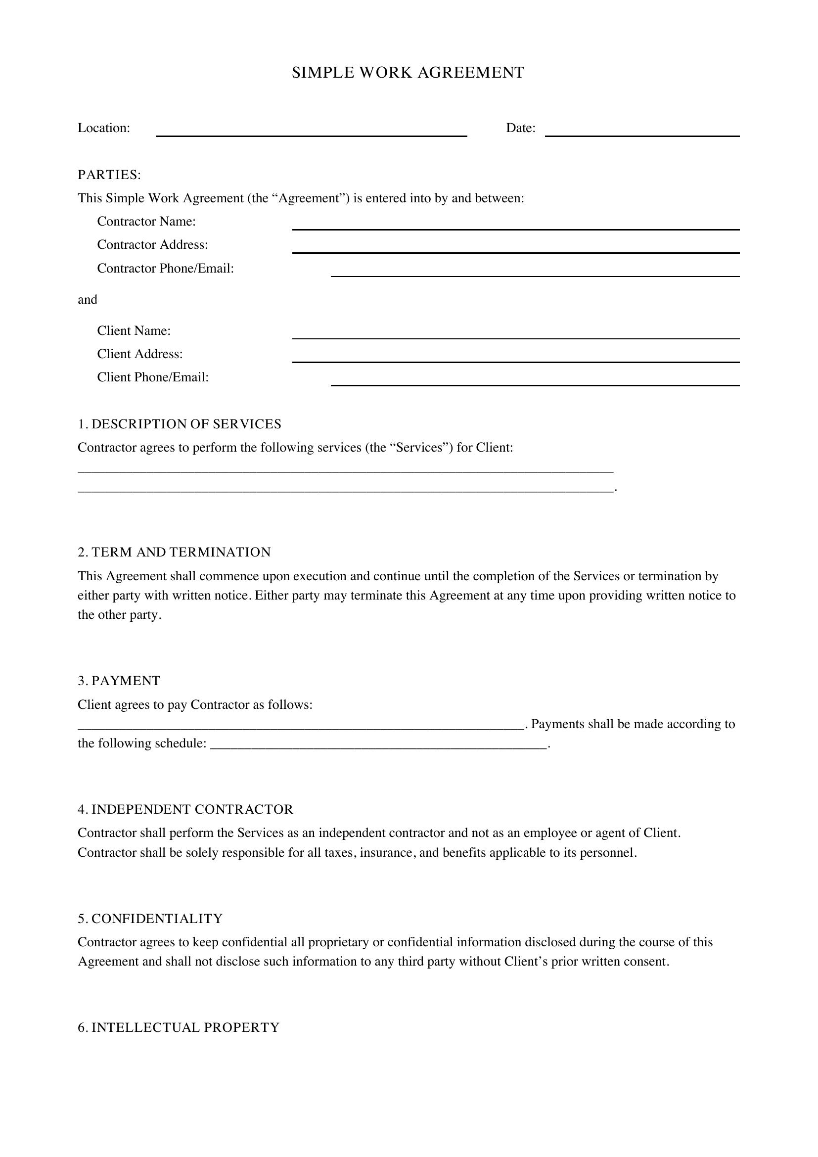 Simple Work Agreement Template - US
