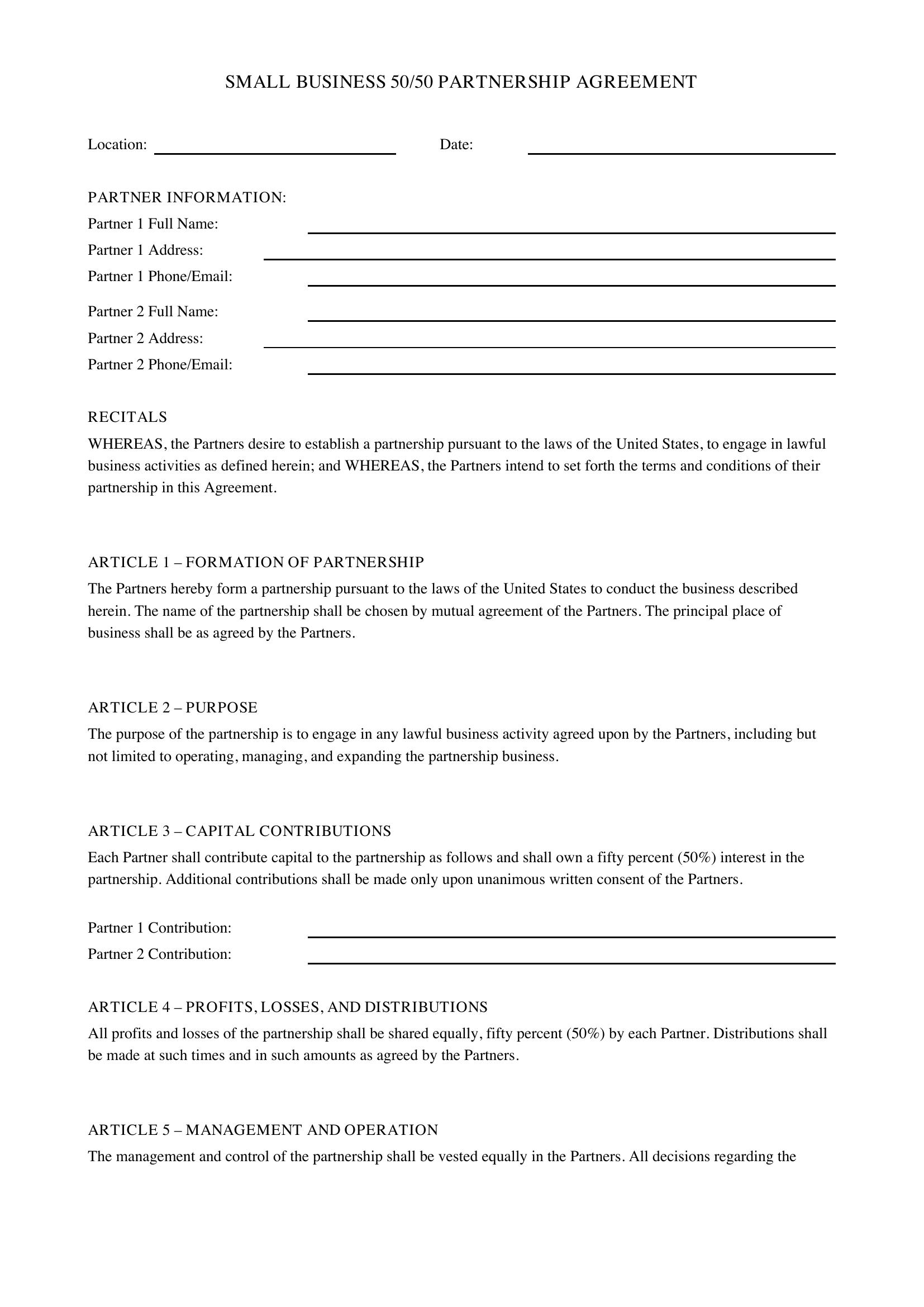Small Business 50 50 Partnership Agreement Template - US
