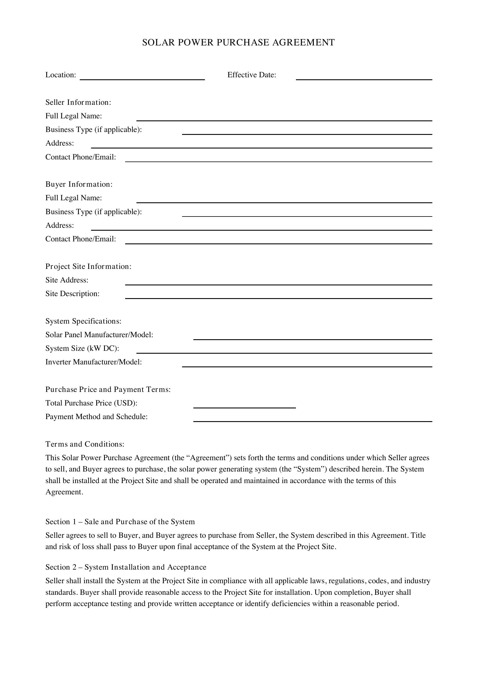 Solar Power Purchase Agreement Template - US